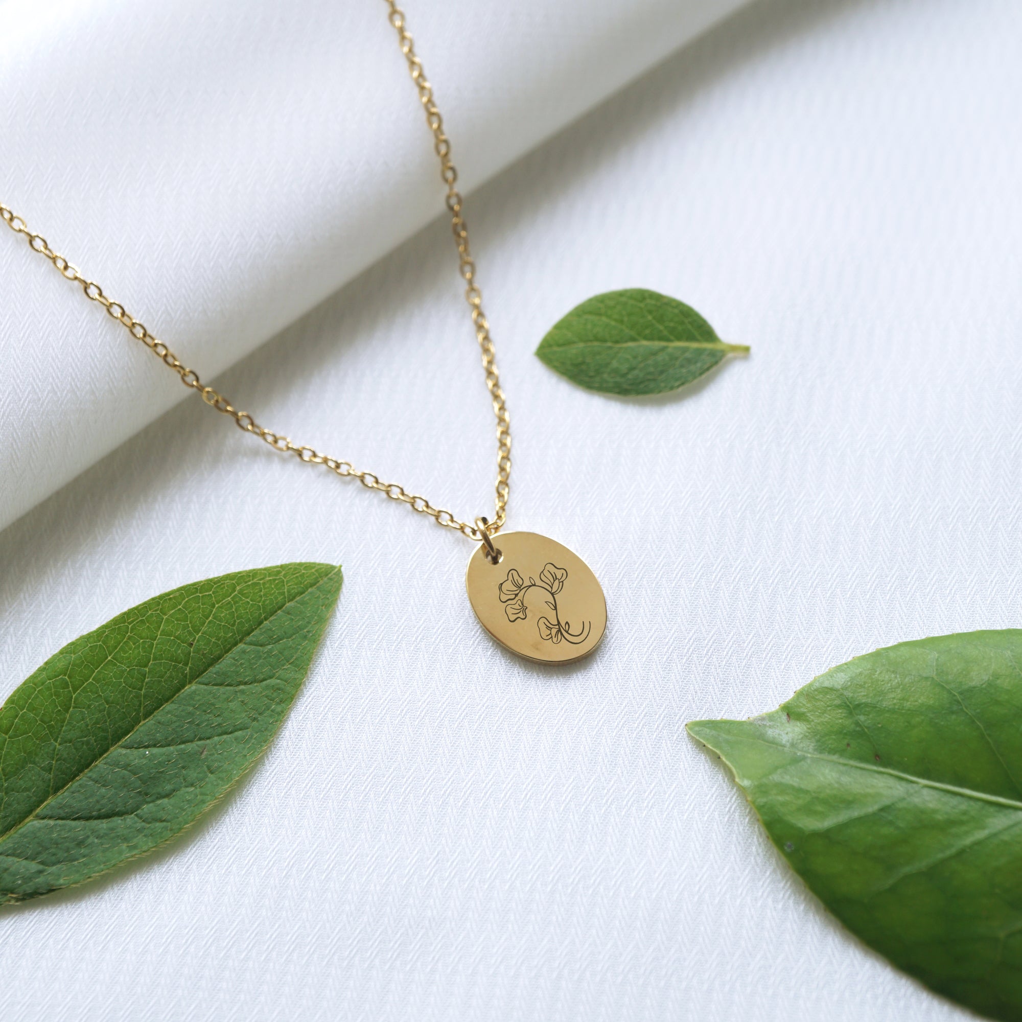 Customized oval tag necklace, engraved birth flower necklace
