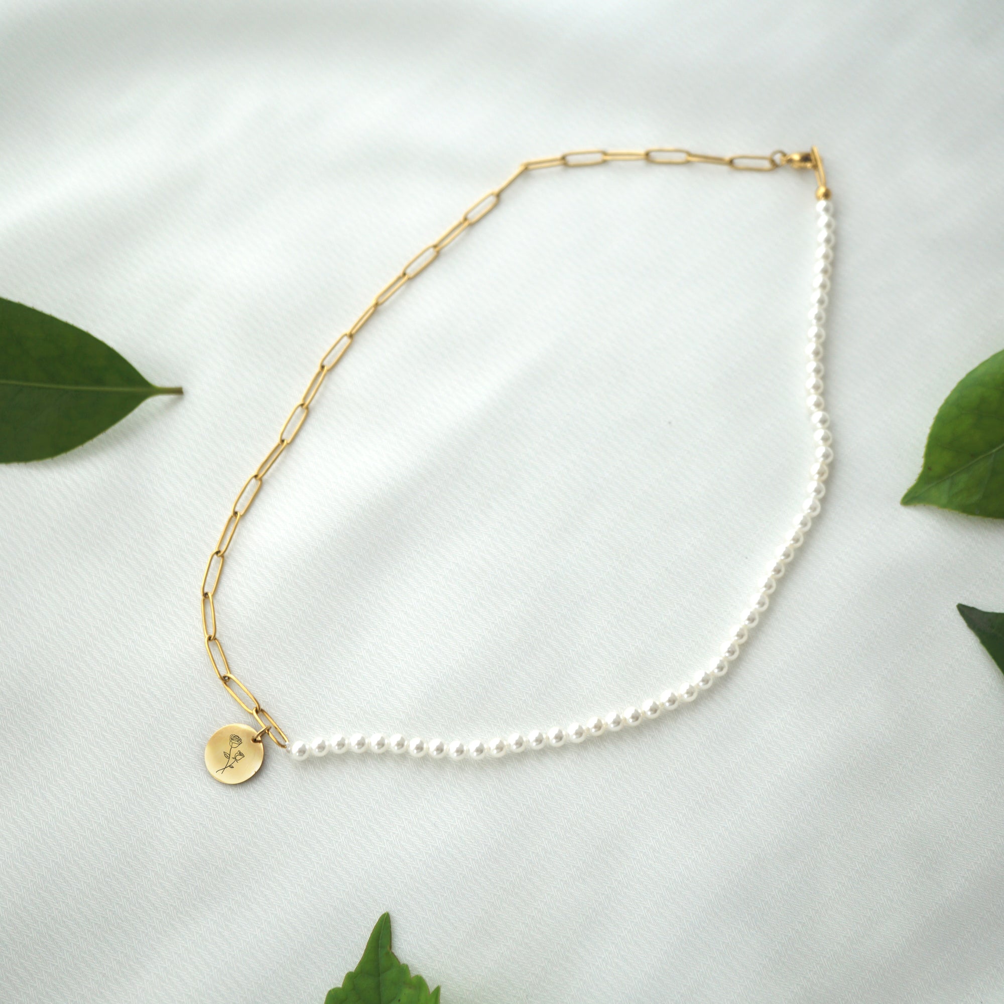 Engraved pearl personalized birth flower pendant necklace