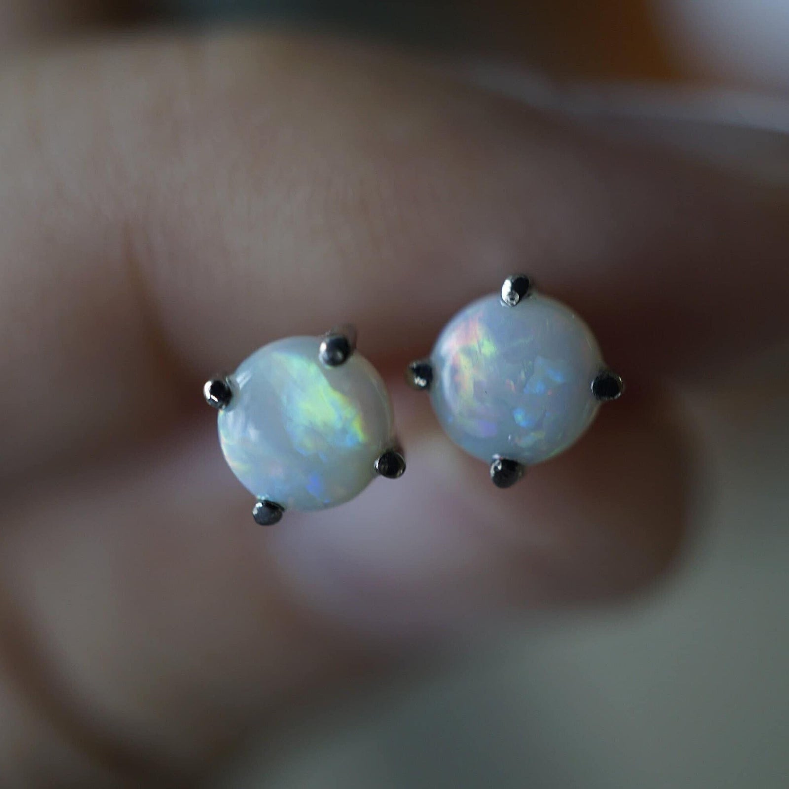 18k white gold round 5mm crystal opal earring studs-Vsabel Jewellery