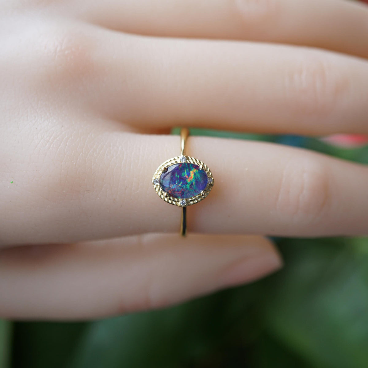 Halo Purple Australian Triplet Opal Ring, genuine sterling silver rainbow opal ring, 6x8mm opal ring