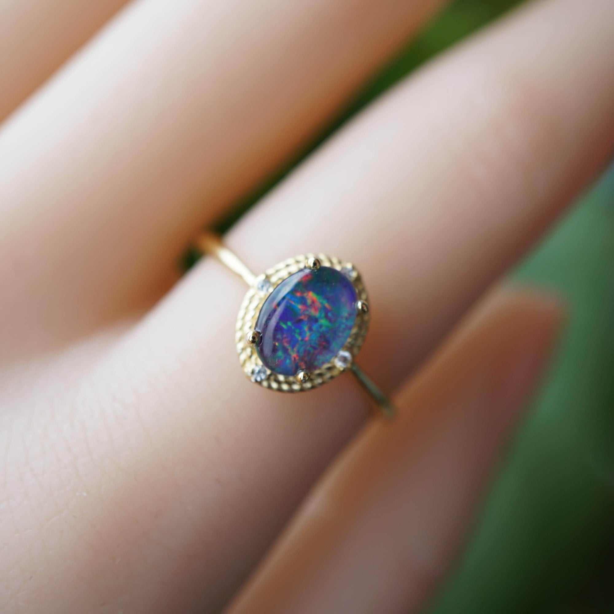 Halo Purple Australian Triplet Opal Ring, genuine sterling silver rainbow opal ring, 6x8mm opal ring