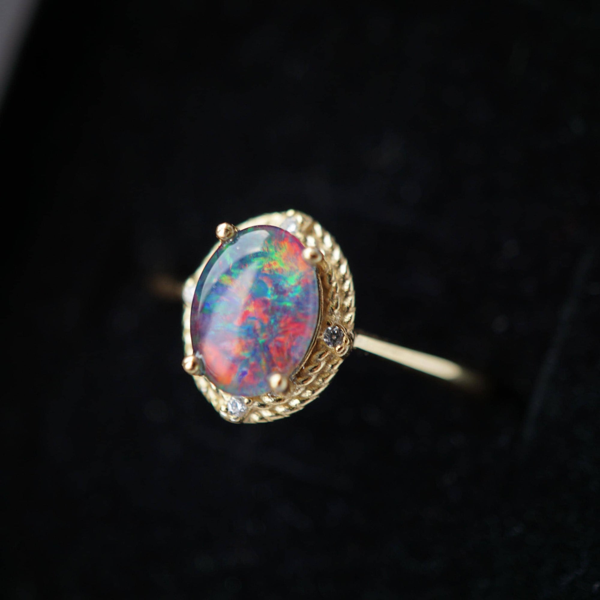 Halo Purple Australian Triplet Opal Ring, genuine sterling silver rainbow opal ring, 6x8mm opal ring