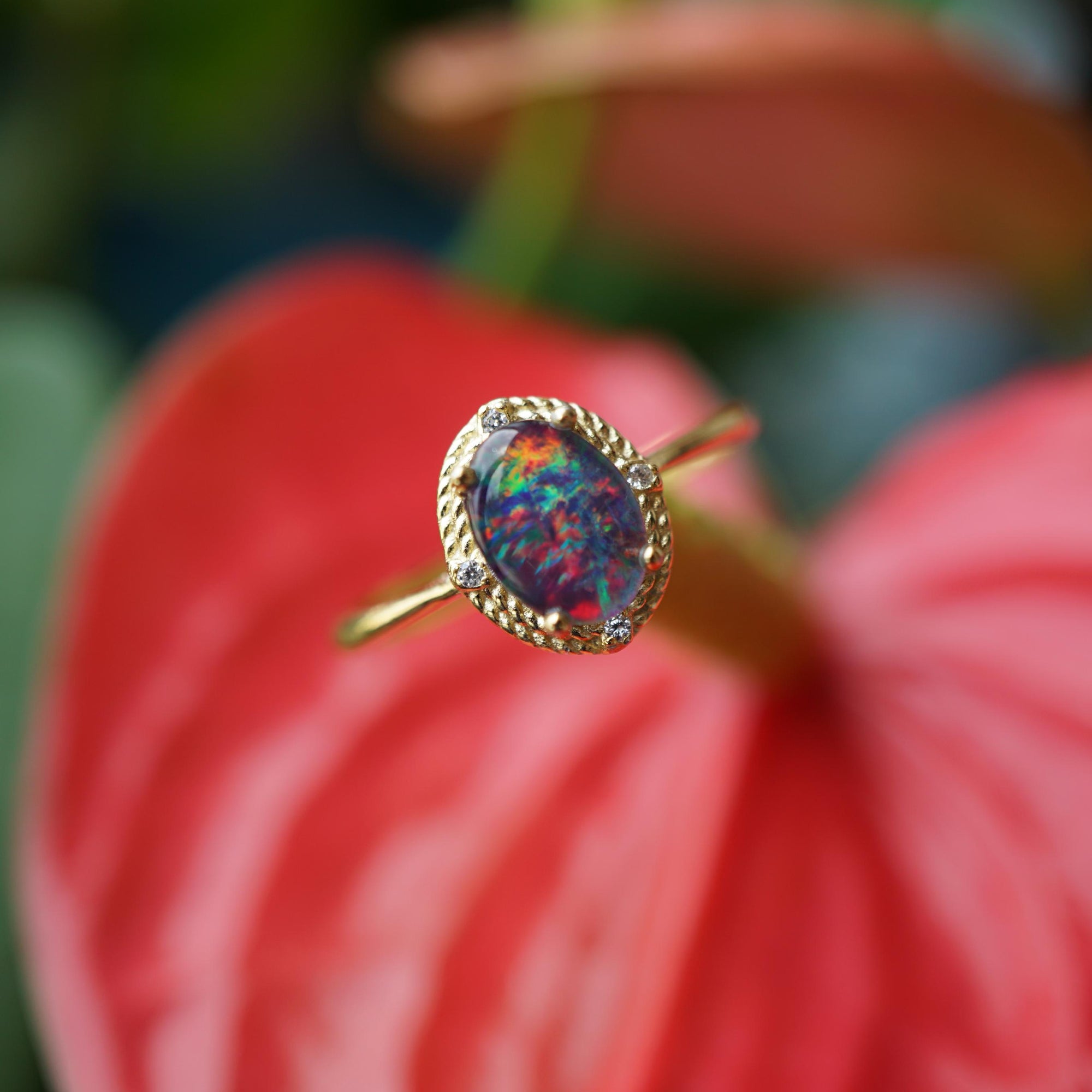 Halo Purple Australian Triplet Opal Ring, genuine sterling silver rainbow opal ring, 6x8mm opal ring