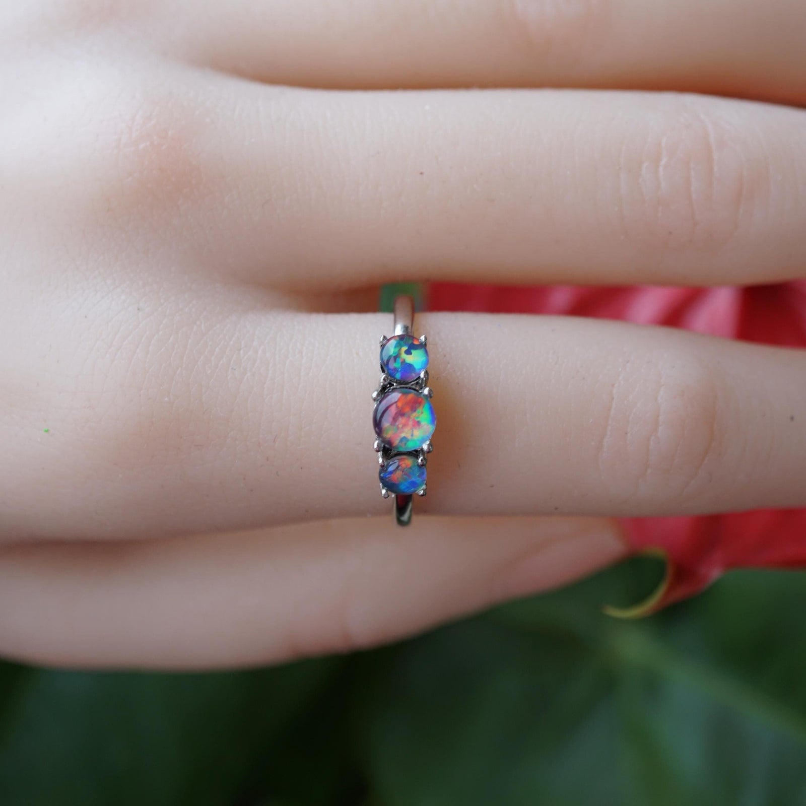 Dainty Triplet Australian opal ring