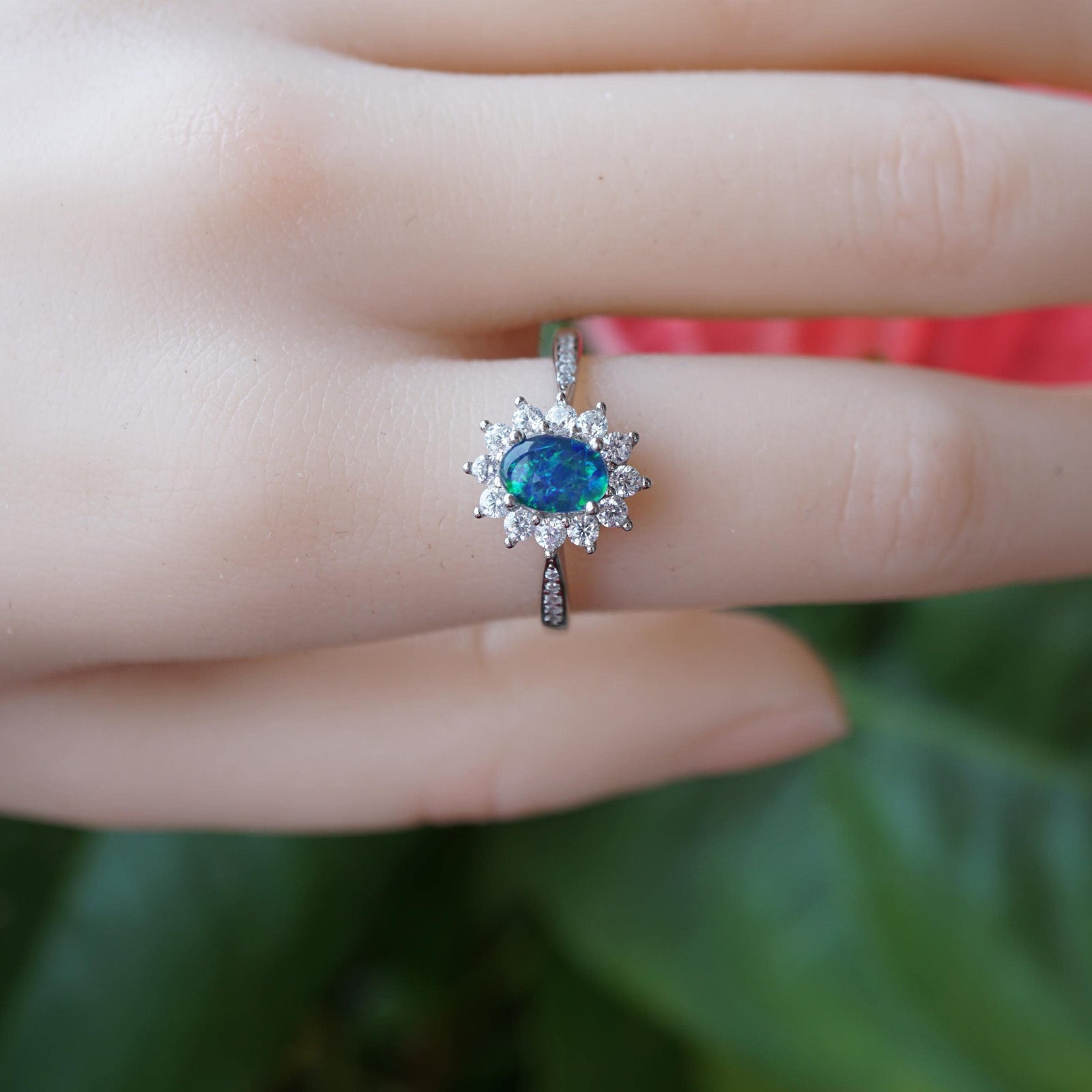 Flower blue australian opal ring