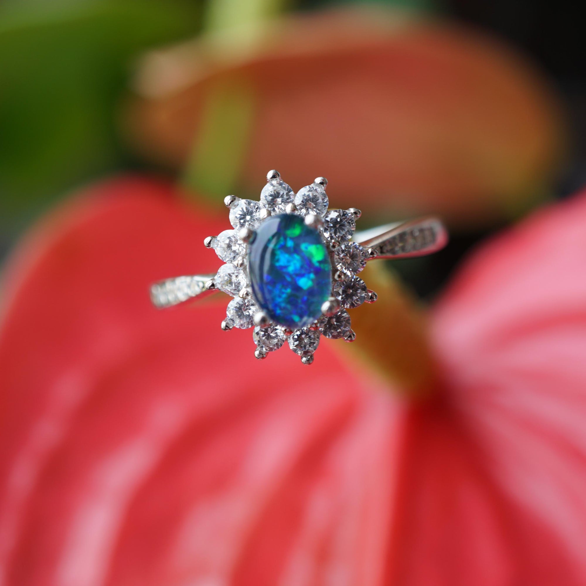 Flower blue australian opal ring