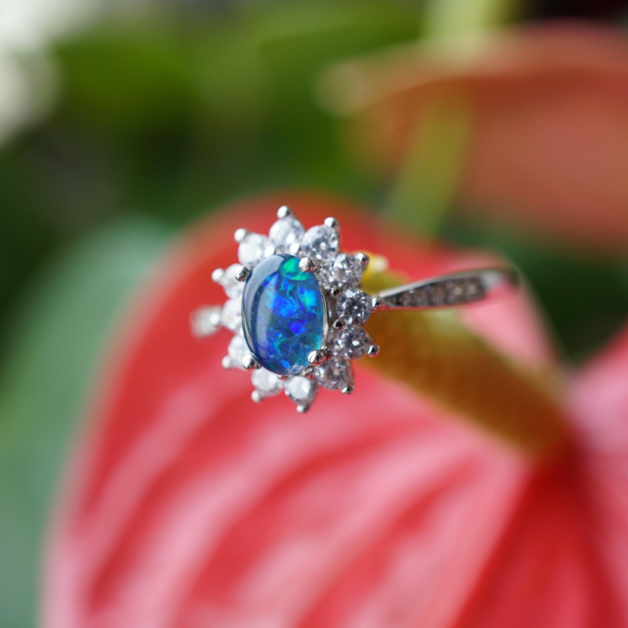 Flower blue australian opal ring