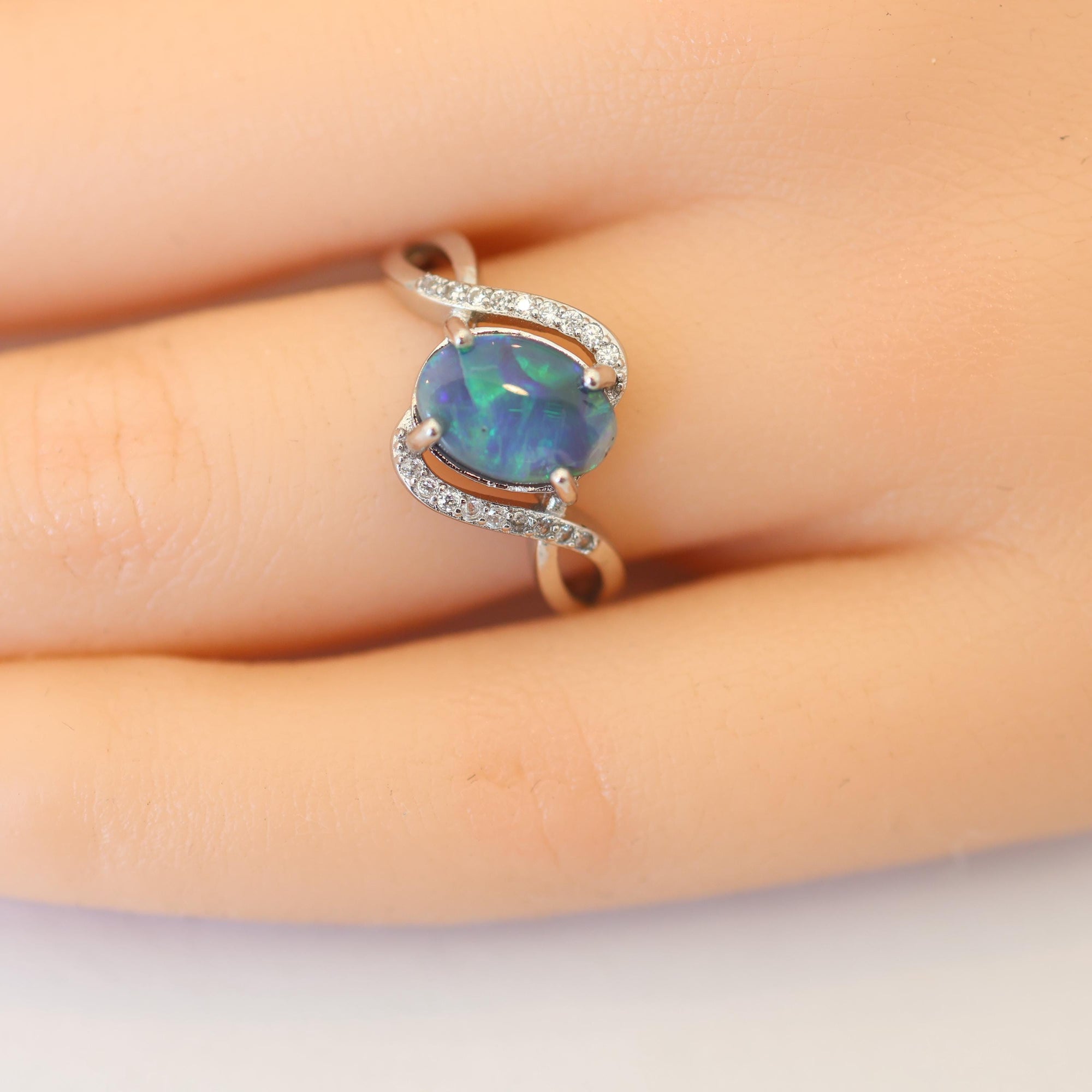 Green Aurora Australian Black Opal Ring In 925 Sterling Silver With Cubic Zirconias