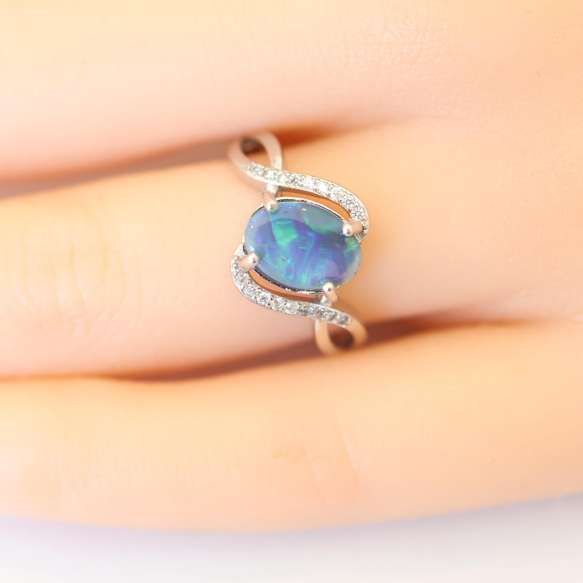 Green Aurora Australian Black Opal Ring In 925 Sterling Silver With Cubic Zirconias