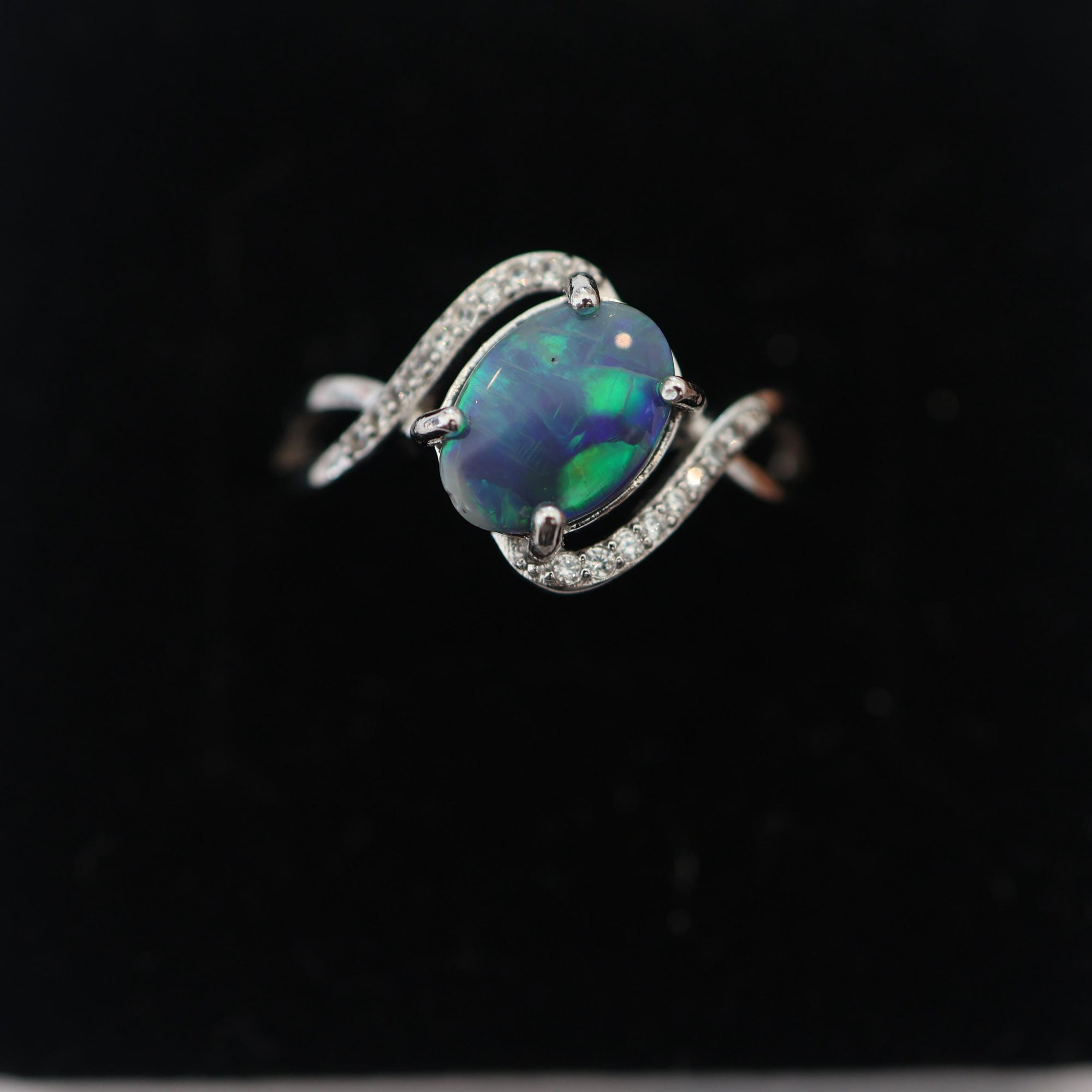 Green Aurora Australian Black Opal Ring In 925 Sterling Silver With Cubic Zirconias