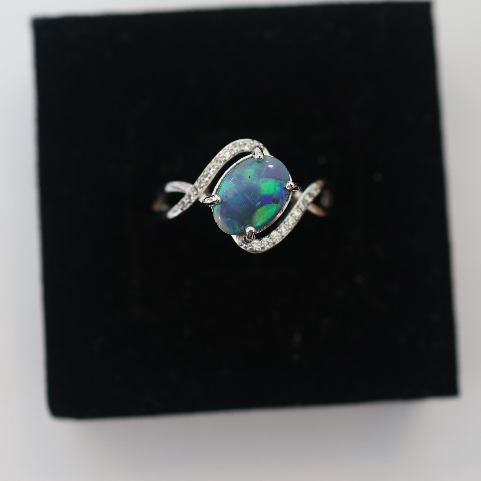 Green Aurora Australian Black Opal Ring In 925 Sterling Silver With Cubic Zirconias