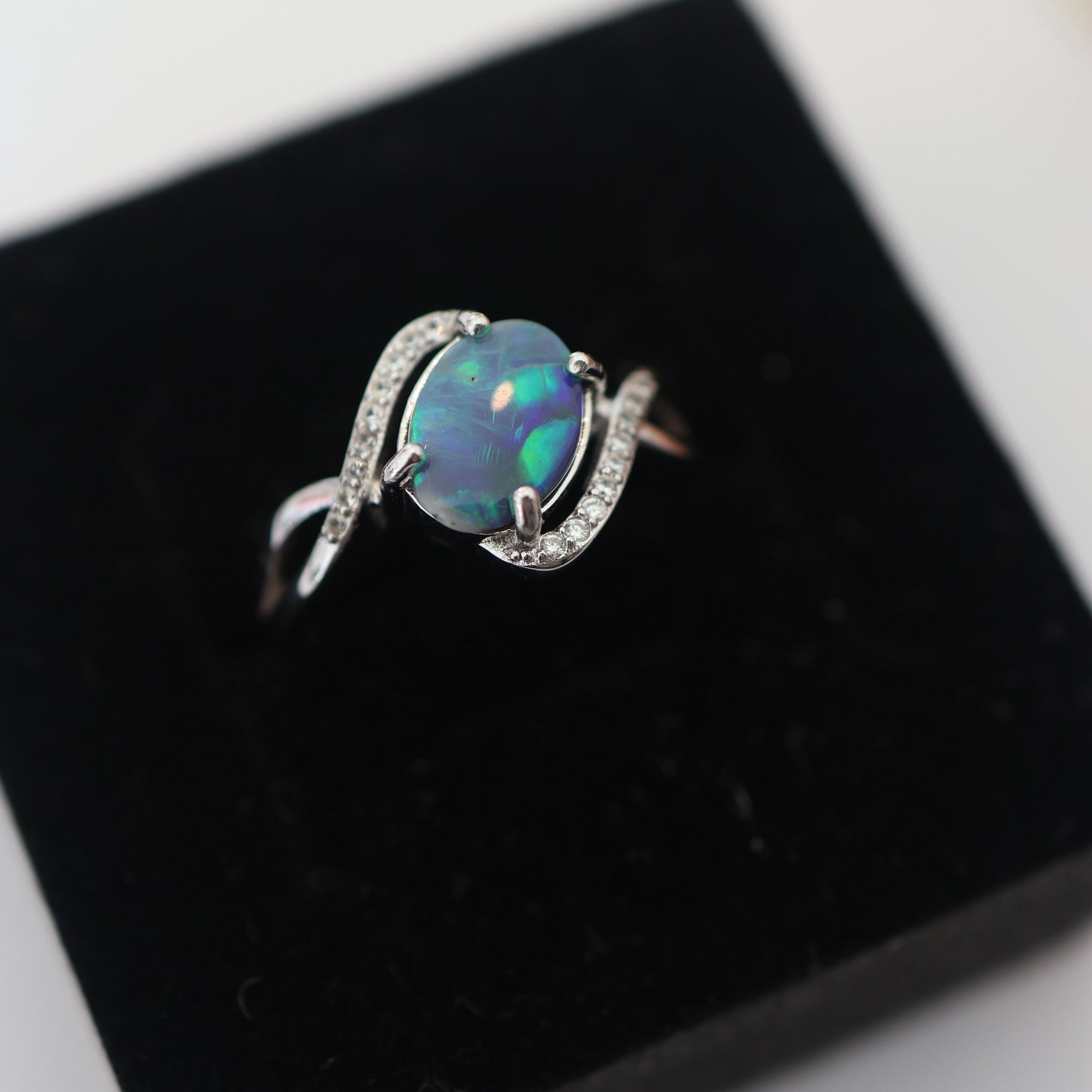 Green Aurora Australian Black Opal Ring In 925 Sterling Silver With Cubic Zirconias