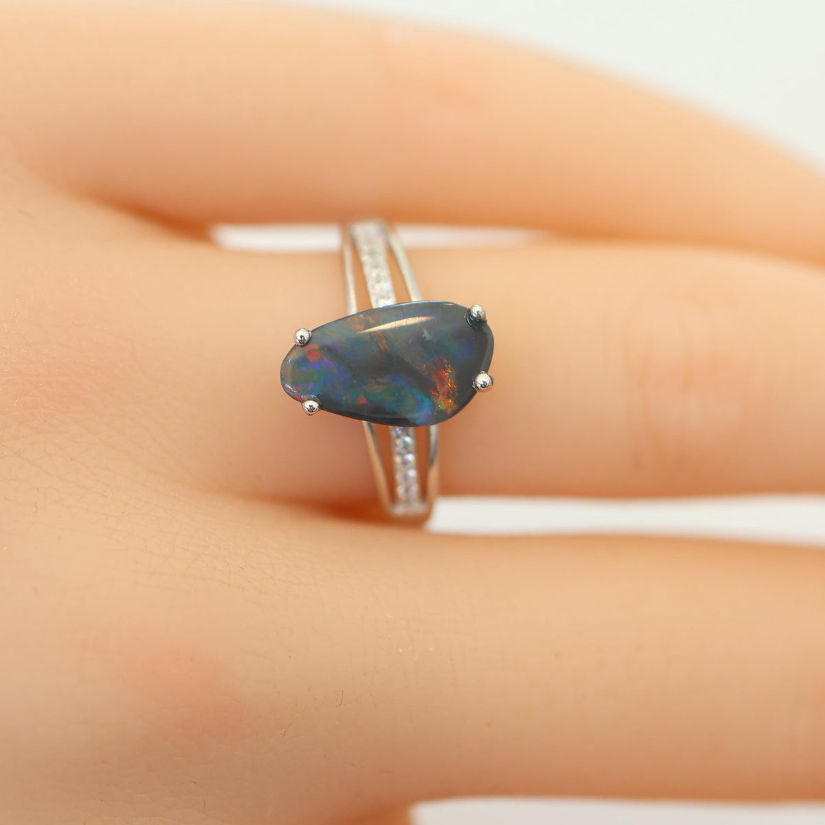 Rainbow Australian Black Opal Ring In 925 Sterling Silver With Cubic Zirconias, Opal Ring, Opal Jewelry, Valentines Day Gift, Gift For Her