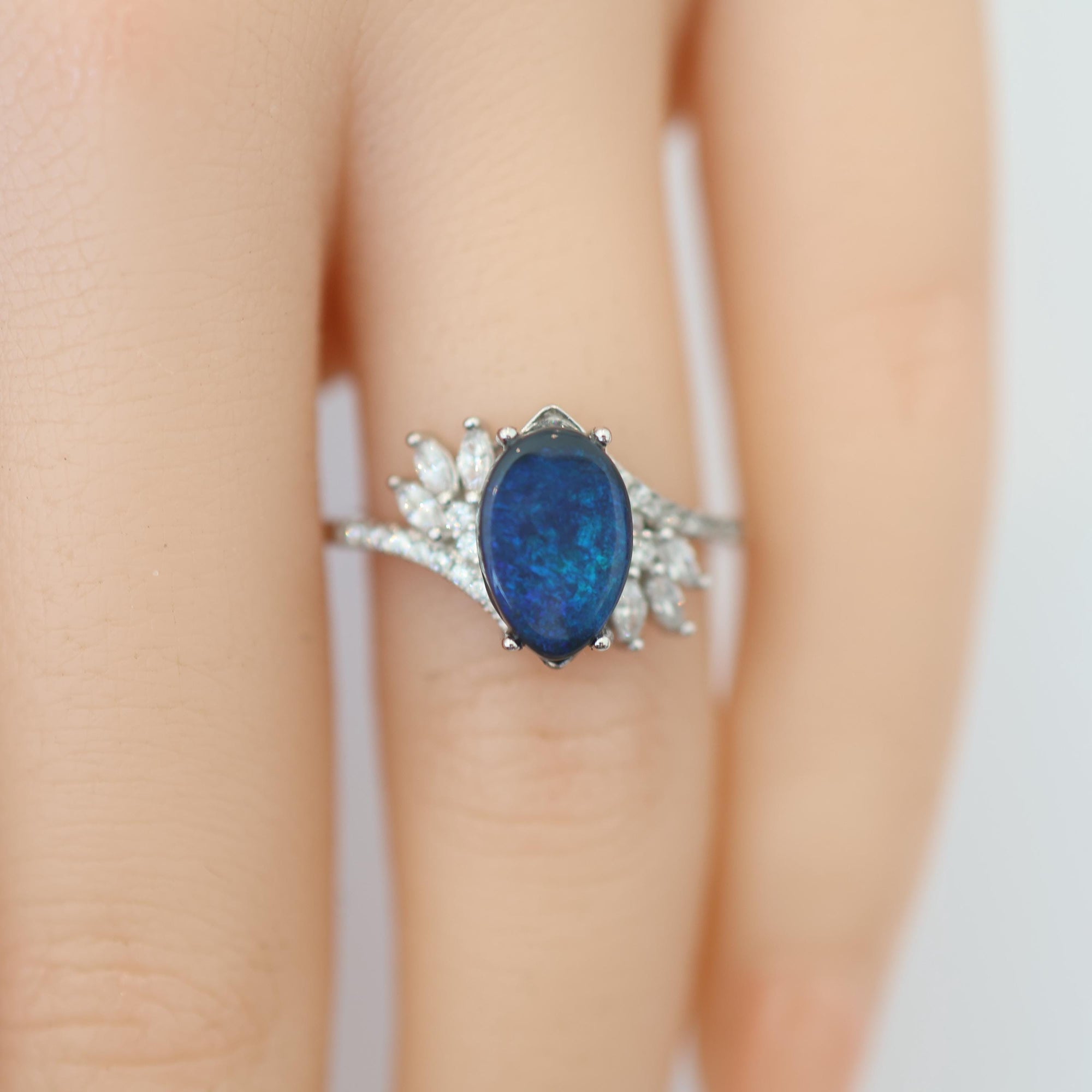 Blue Australian Black Opal Ring In 925 Sterling Silver With Cubic Zirconias, Opal Ring, Opal Jewelry, Valentines Day Gift, Gift For Her