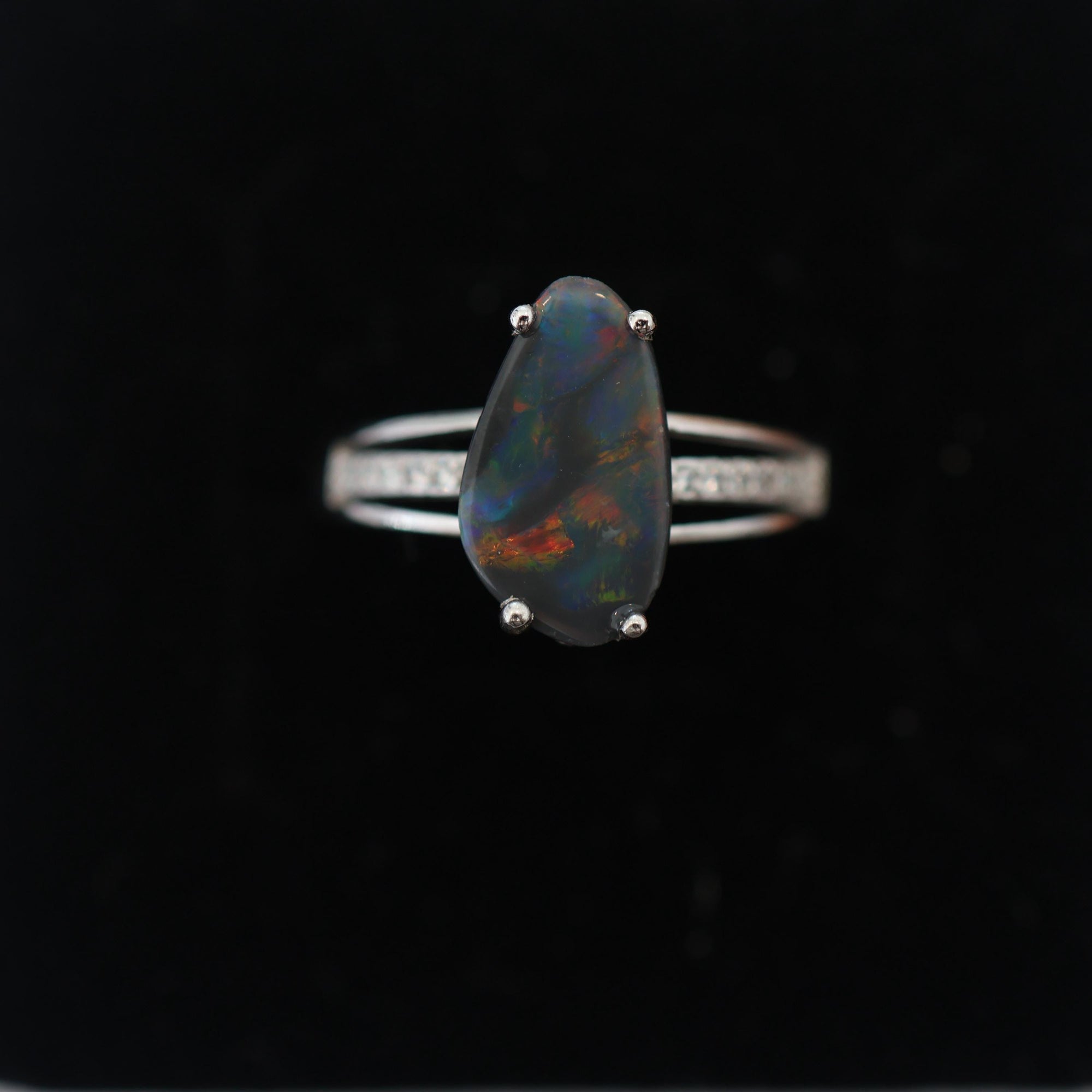 Rainbow Australian Black Opal Ring In 925 Sterling Silver With Cubic Zirconias, Opal Ring, Opal Jewelry, Valentines Day Gift, Gift For Her