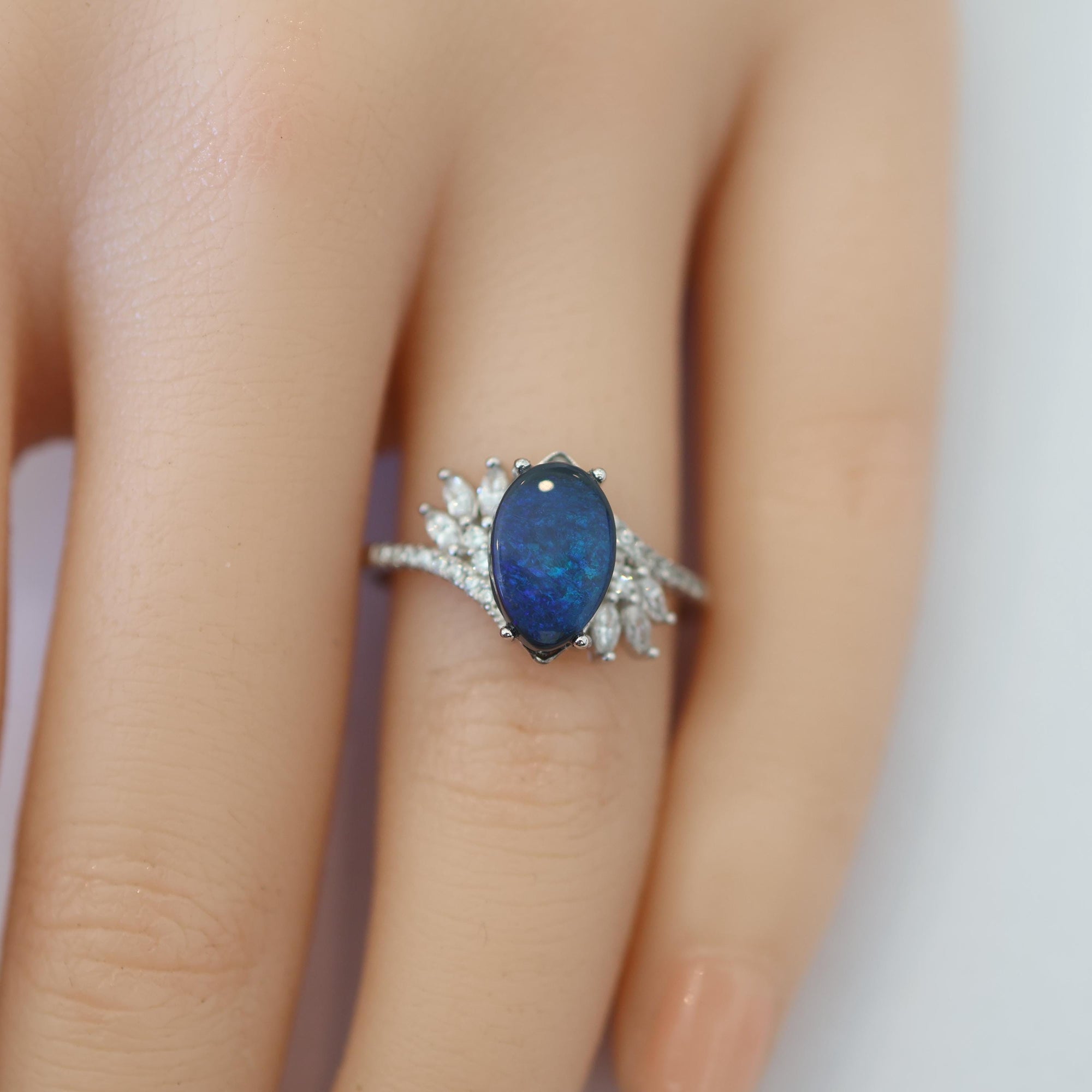 Blue Australian Black Opal Ring In 925 Sterling Silver With Cubic Zirconias