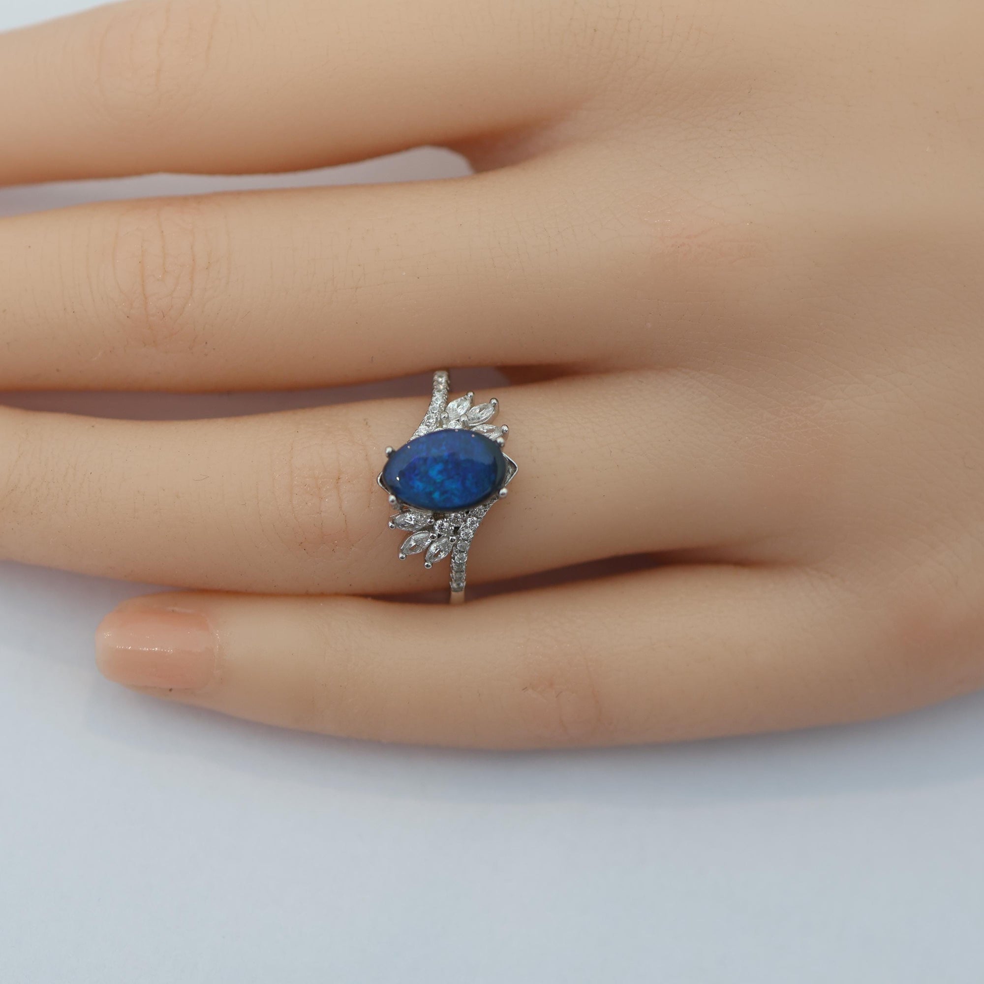 Blue Australian Black Opal Ring In 925 Sterling Silver With Cubic Zirconias, Opal Ring, Opal Jewelry, Valentines Day Gift, Gift For Her