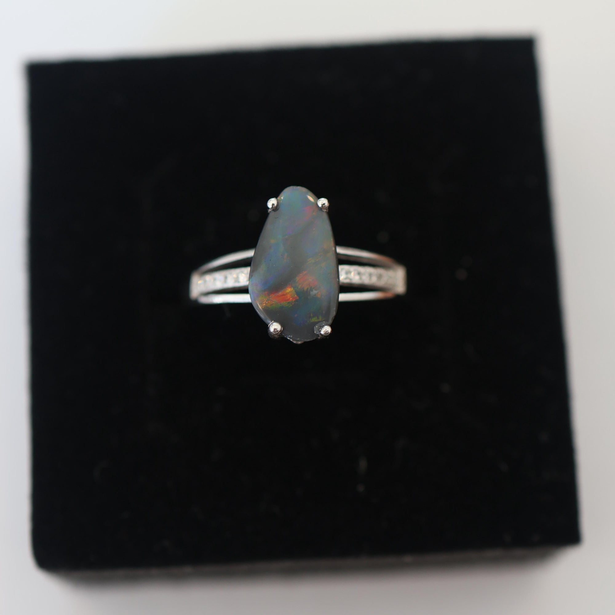 Rainbow Australian Black Opal Ring In 925 Sterling Silver With Cubic Zirconias