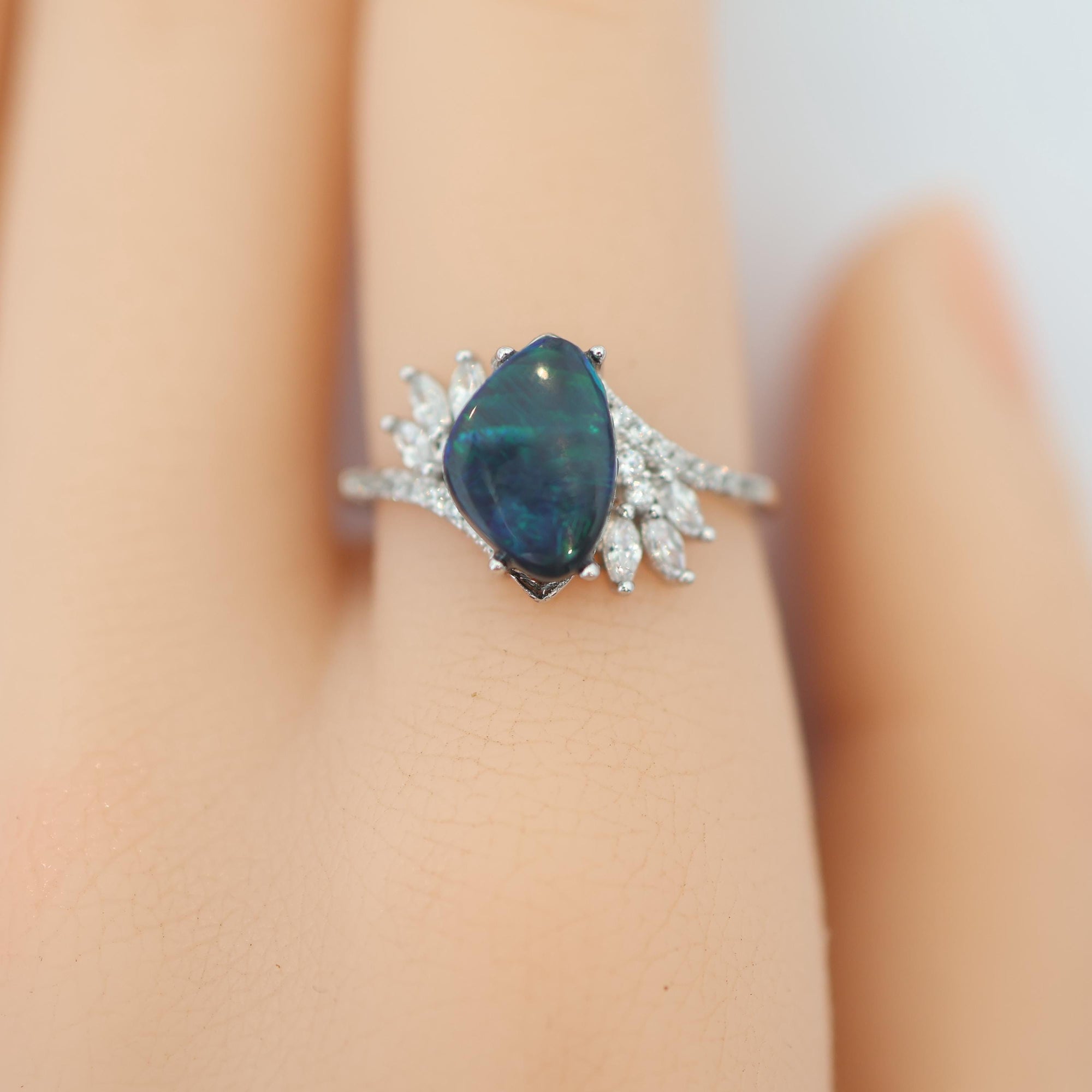 Green Australian Black Opal Ring In 925 Sterling Silver With Cubic Zirconias