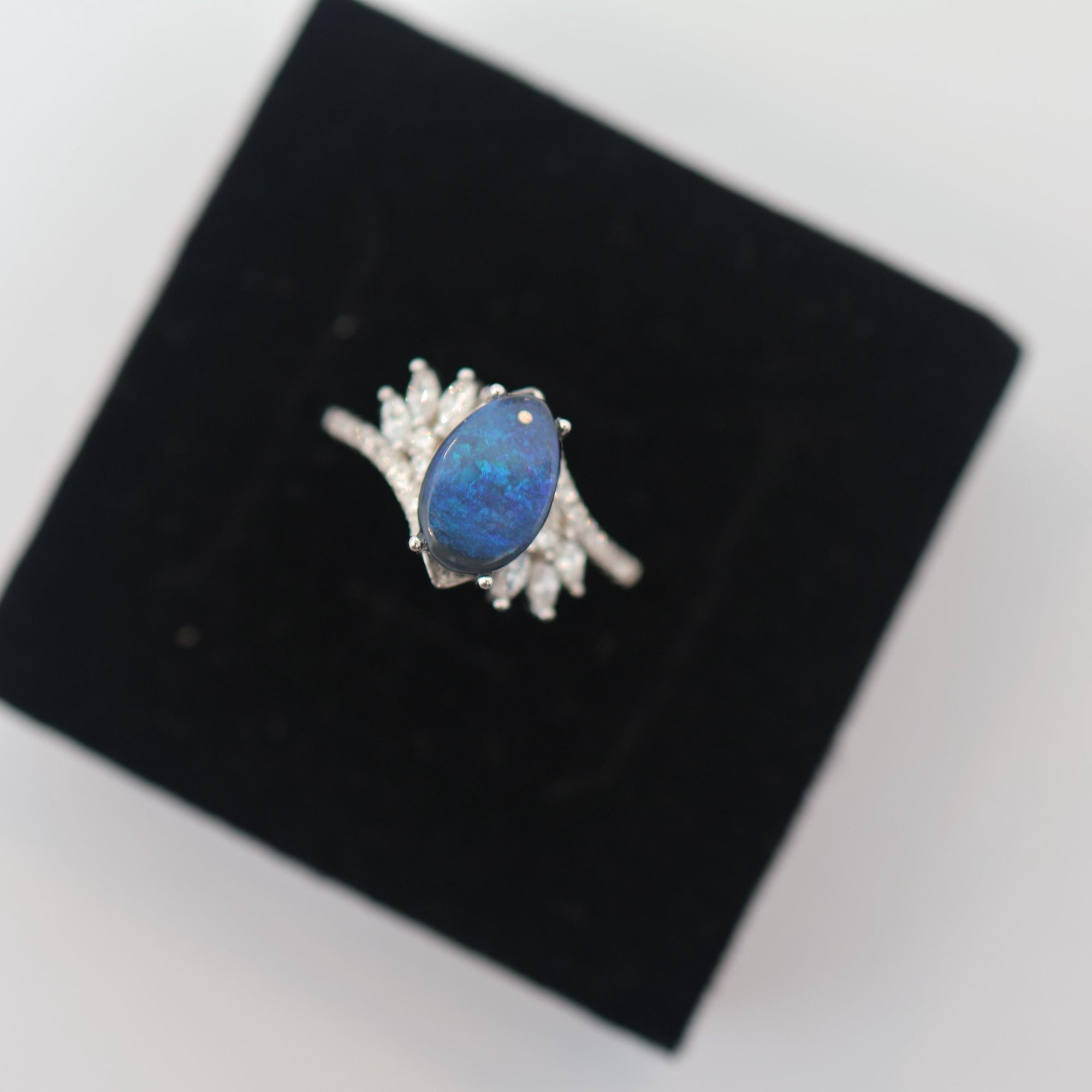 Blue Australian Black Opal Ring In 925 Sterling Silver With Cubic Zirconias