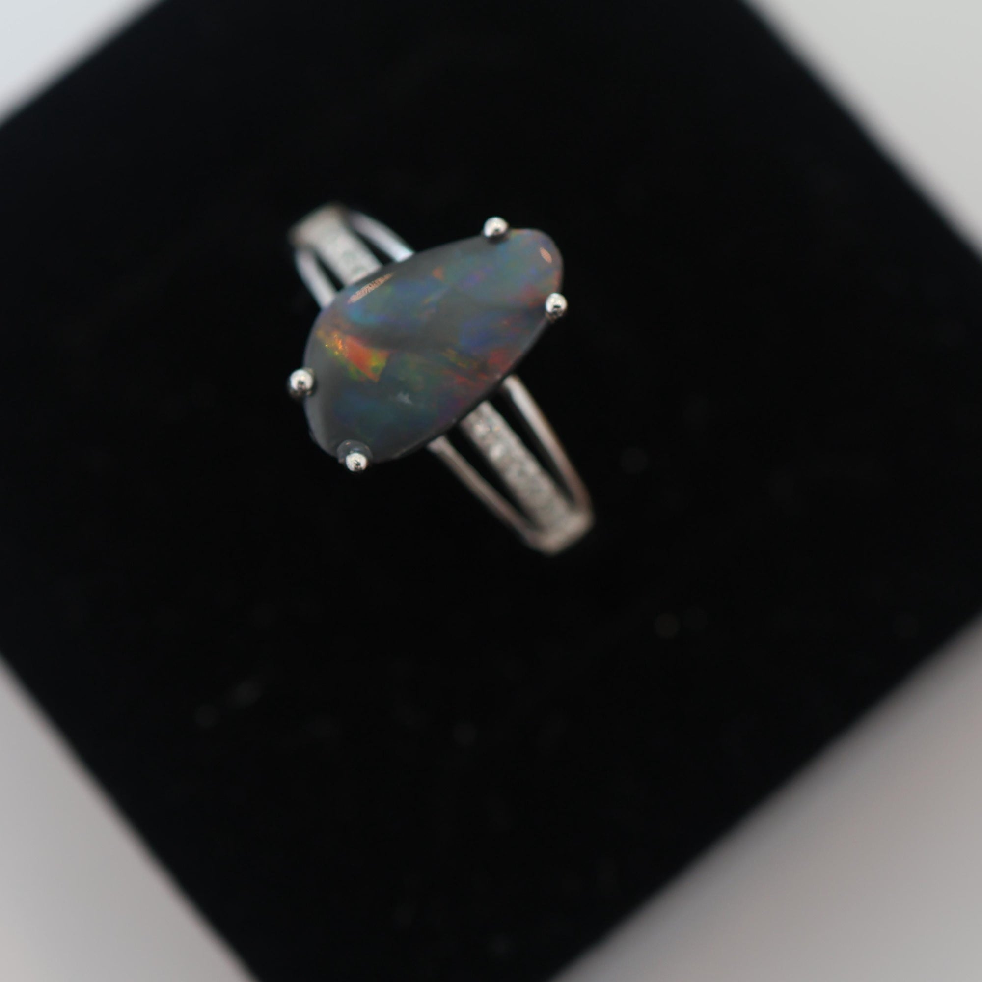 Rainbow Australian Black Opal Ring In 925 Sterling Silver With Cubic Zirconias