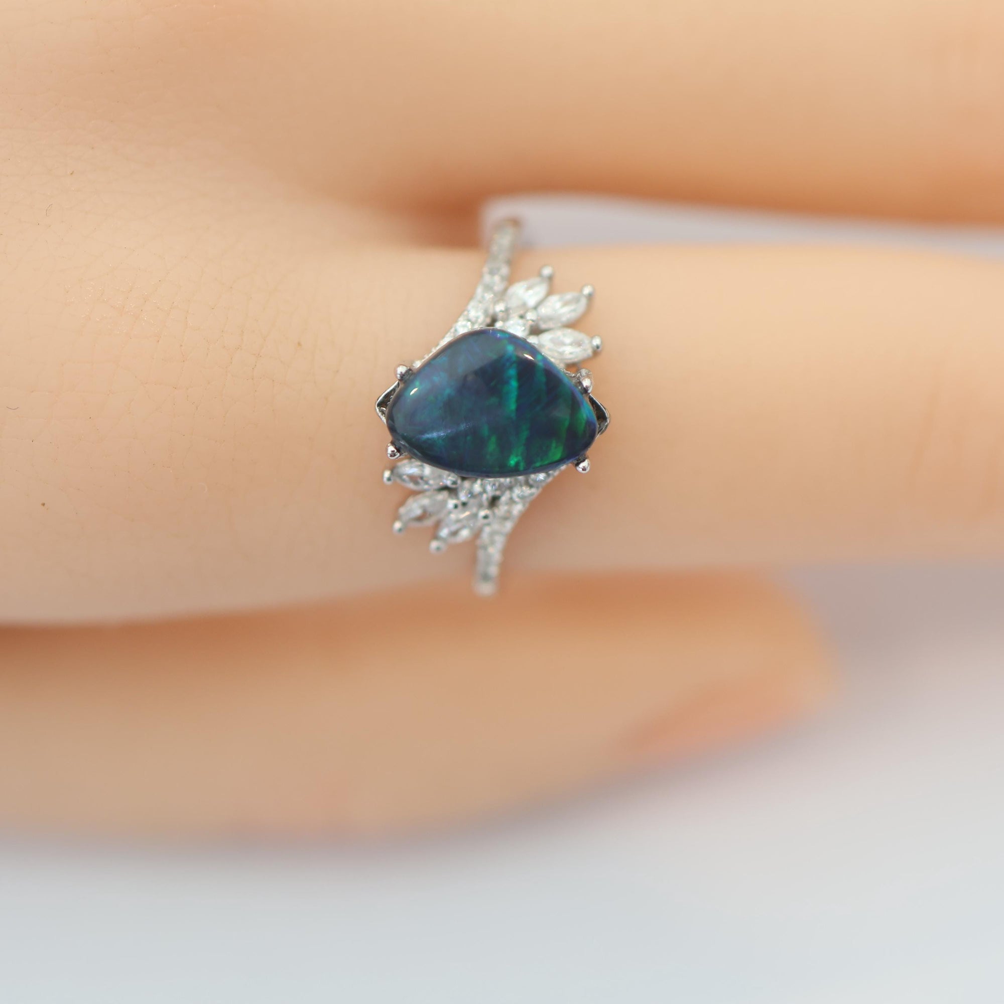 Green Australian Black Opal Ring In 925 Sterling Silver With Cubic Zirconias