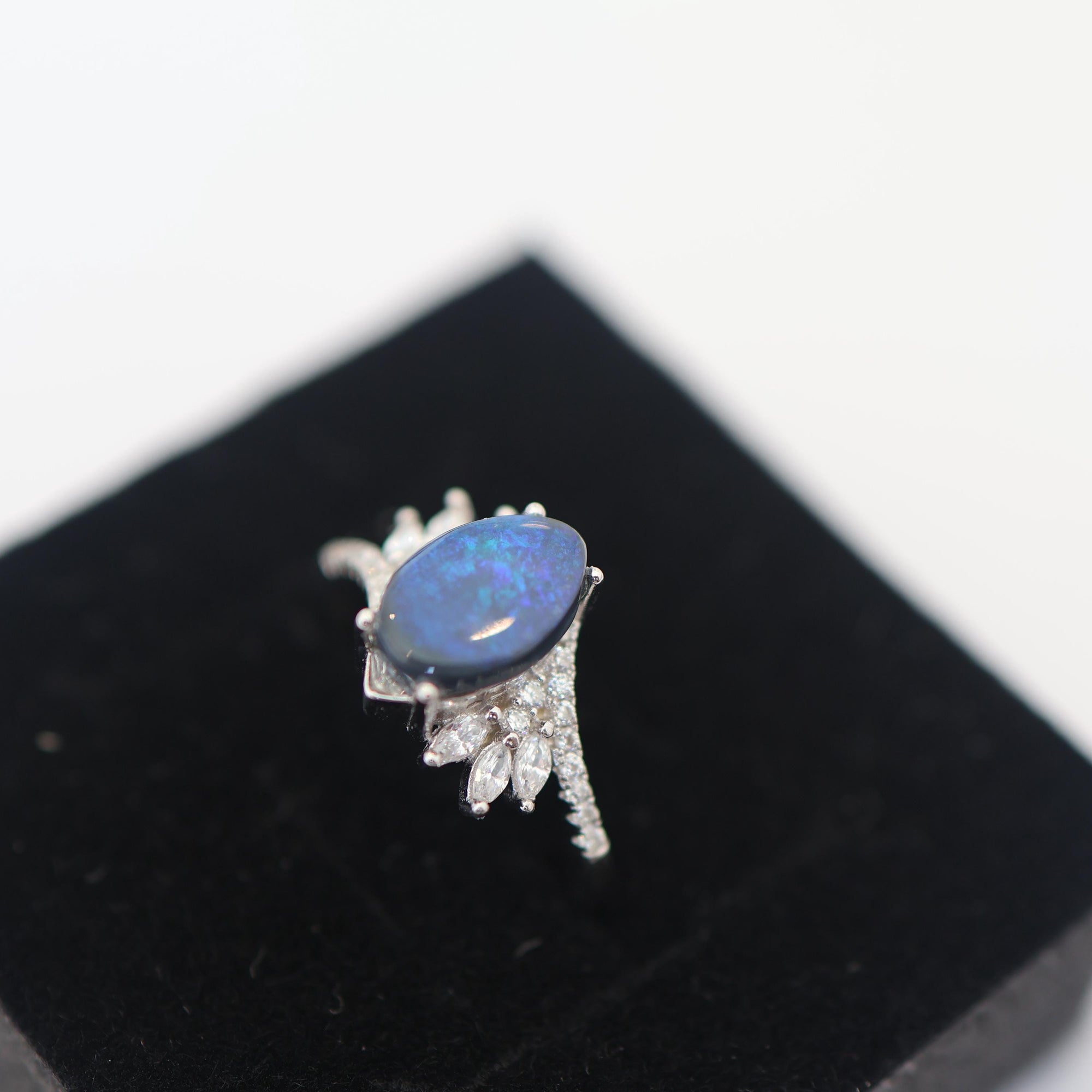 Blue Australian Black Opal Ring In 925 Sterling Silver With Cubic Zirconias