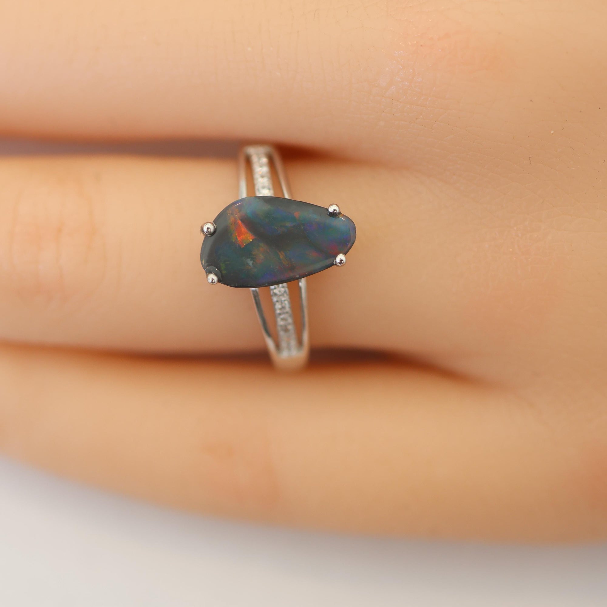 Rainbow Australian Black Opal Ring In 925 Sterling Silver With Cubic Zirconias