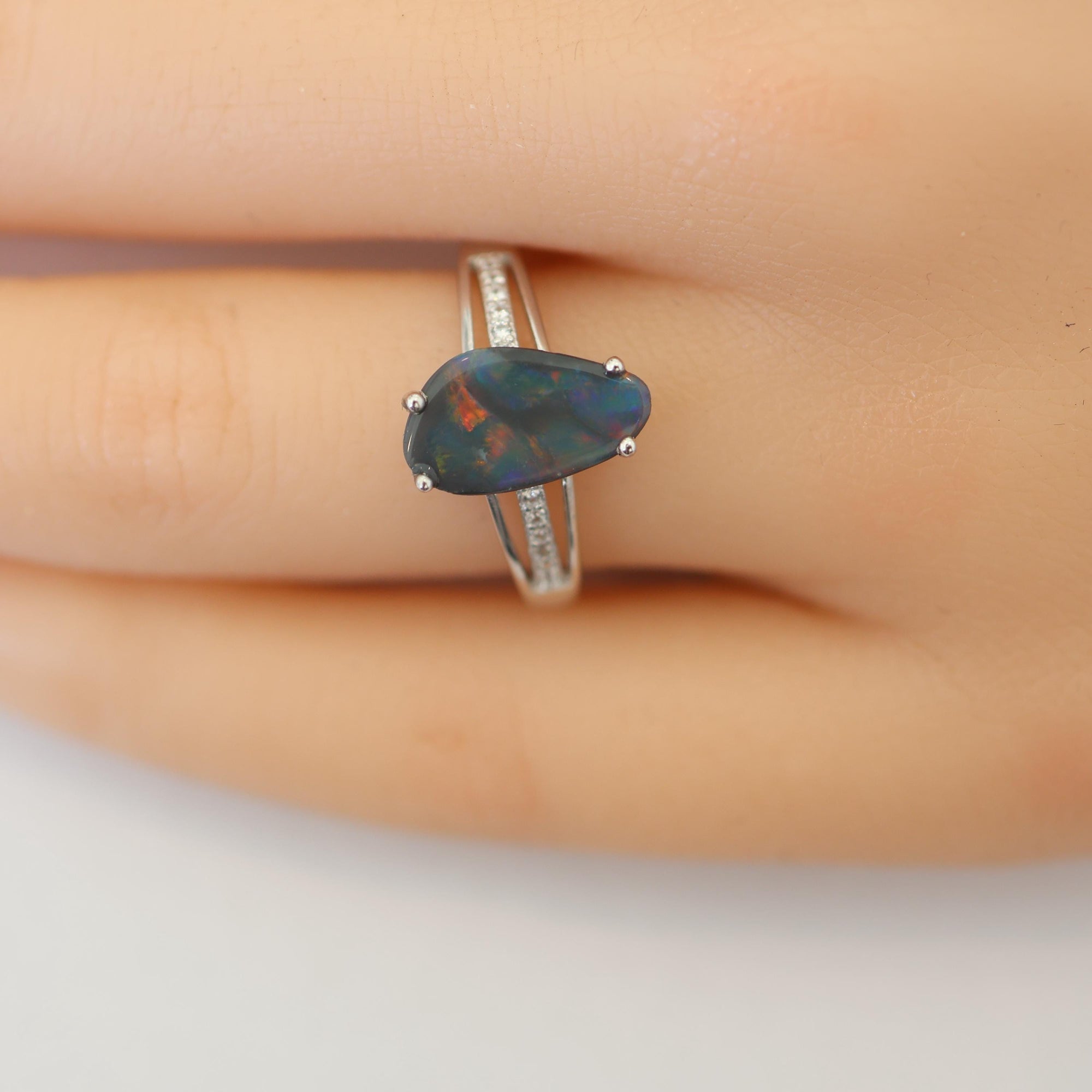 Rainbow Australian Black Opal Ring In 925 Sterling Silver With Cubic Zirconias