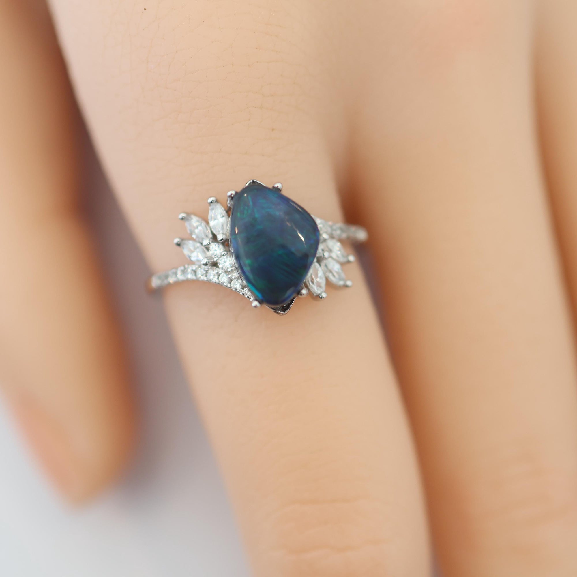 Green Australian Black Opal Ring In 925 Sterling Silver With Cubic Zirconias