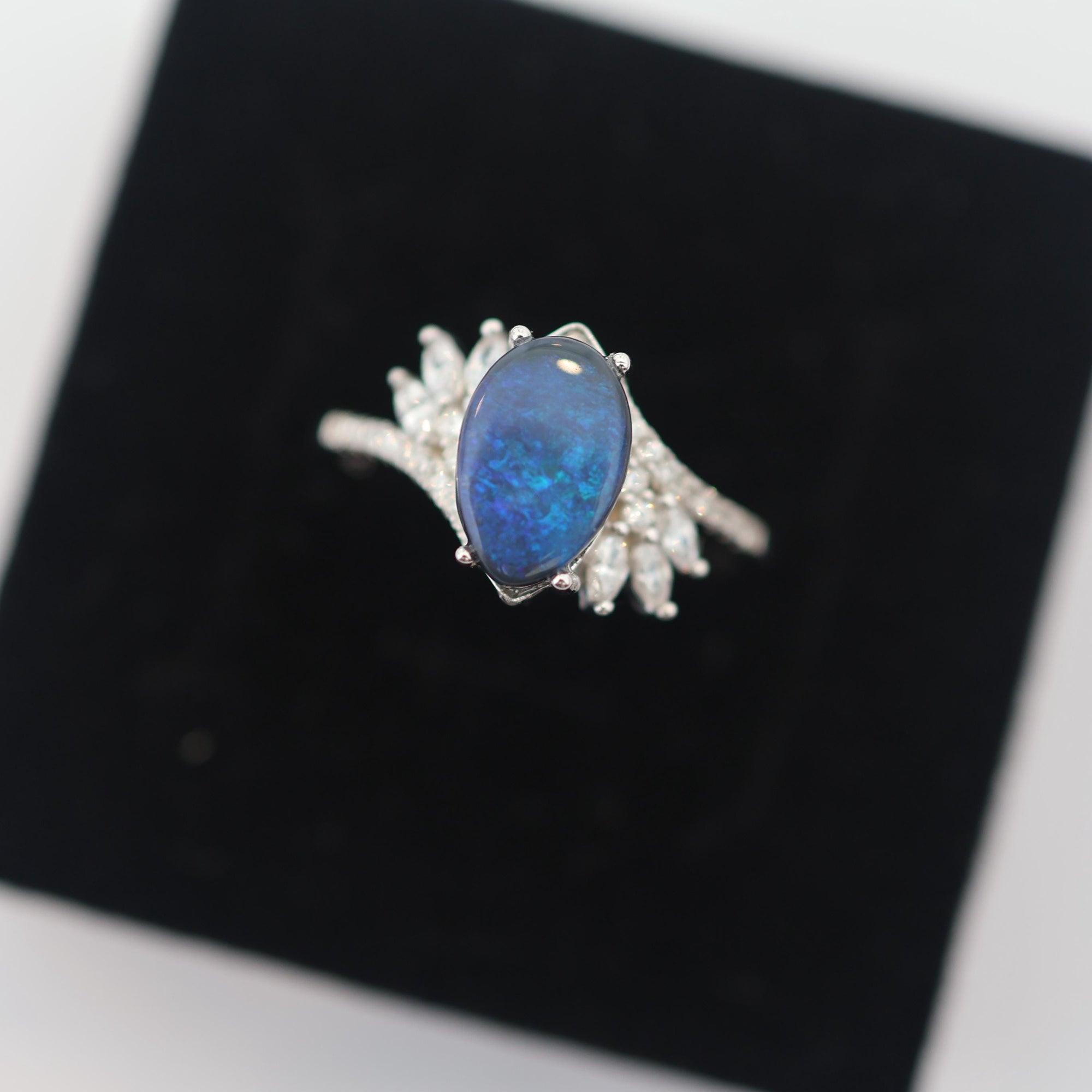 Blue Australian Black Opal Ring In 925 Sterling Silver With Cubic Zirconias