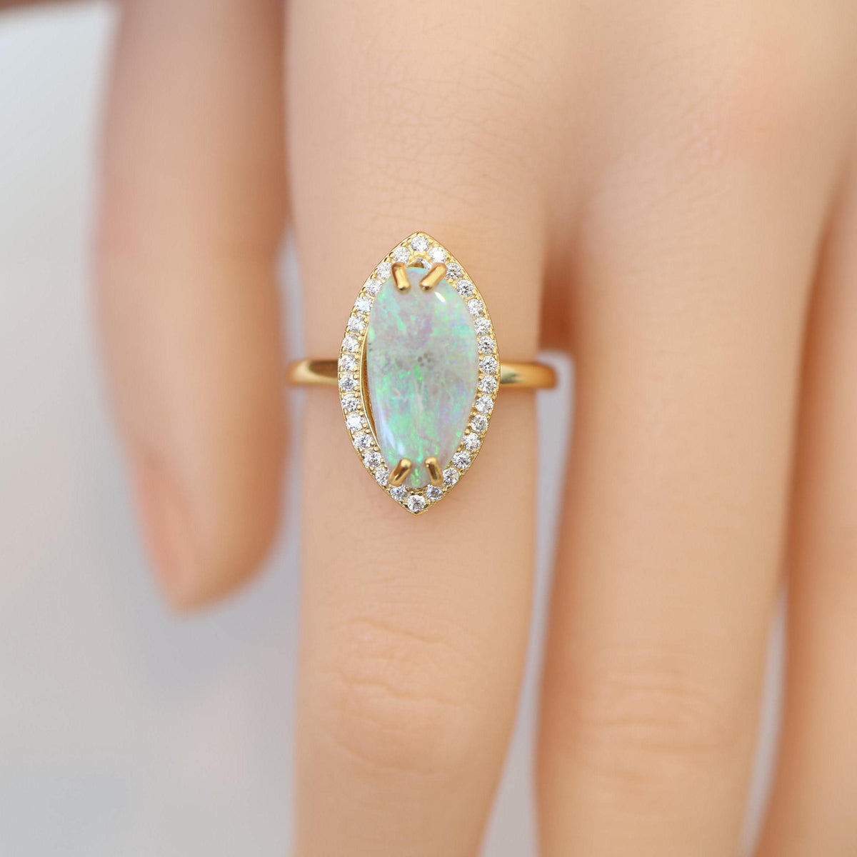 Victorian style australian green black opal ring in 925 sterling silver with cubic zirconias