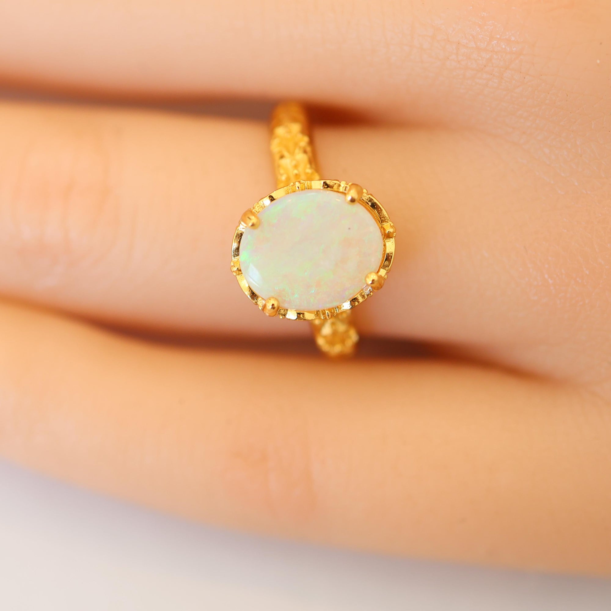 Green Australian Opal Ring, Dainty Ring, October Birthstone, Opal Jewelry, Stackable Rings, Rings for Women, Gift for Her, Gemstone Ring