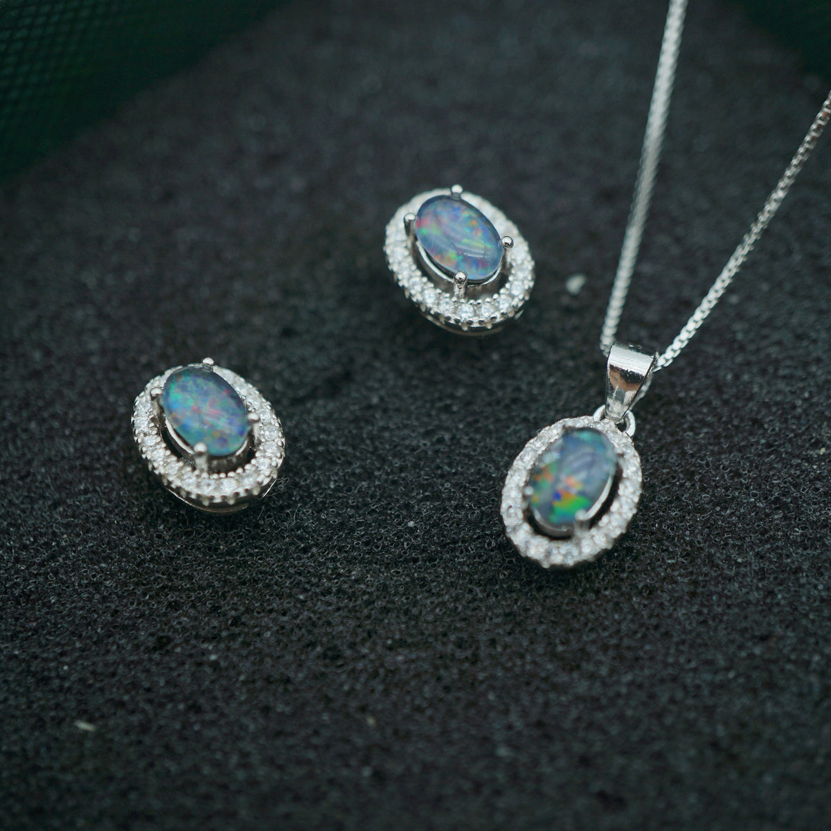 Silver halo style simple australian opal triplet set, necklace and earrings