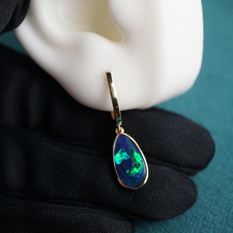 Luxurious opal earring hoops in 14k gold, boulder doublet opal, blue opal earrings