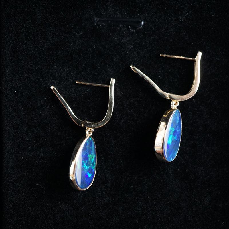 Luxurious opal earring hoops in 14k gold, boulder doublet opal, blue opal earrings