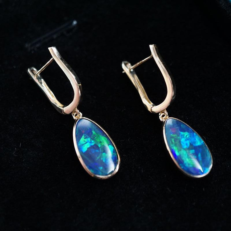 Luxurious opal earring hoops in 14k gold, boulder doublet opal, blue opal earrings