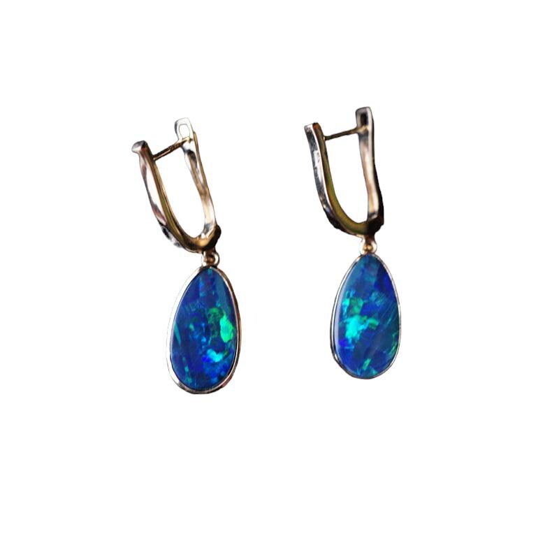 Luxurious opal earring hoops in 14k gold, boulder doublet opal, blue opal earrings