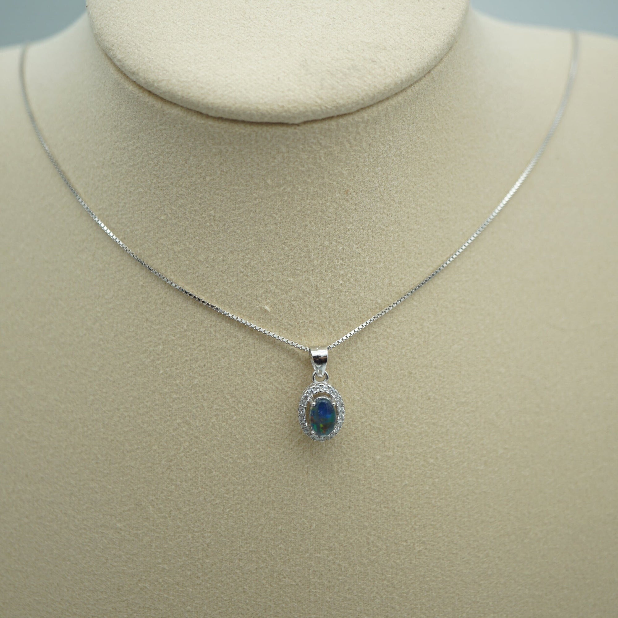 Silver halo style simple australian opal triplet set, necklace and earrings