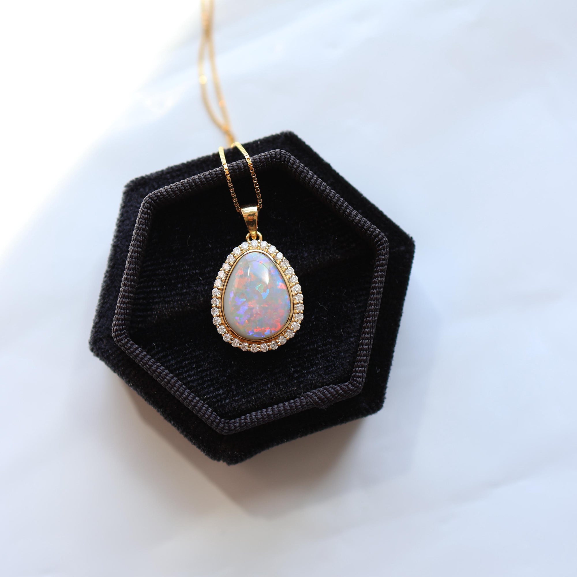 14K Australia Black Opal Pendant With Diamonds, Solid Gold, 13.5x18mm