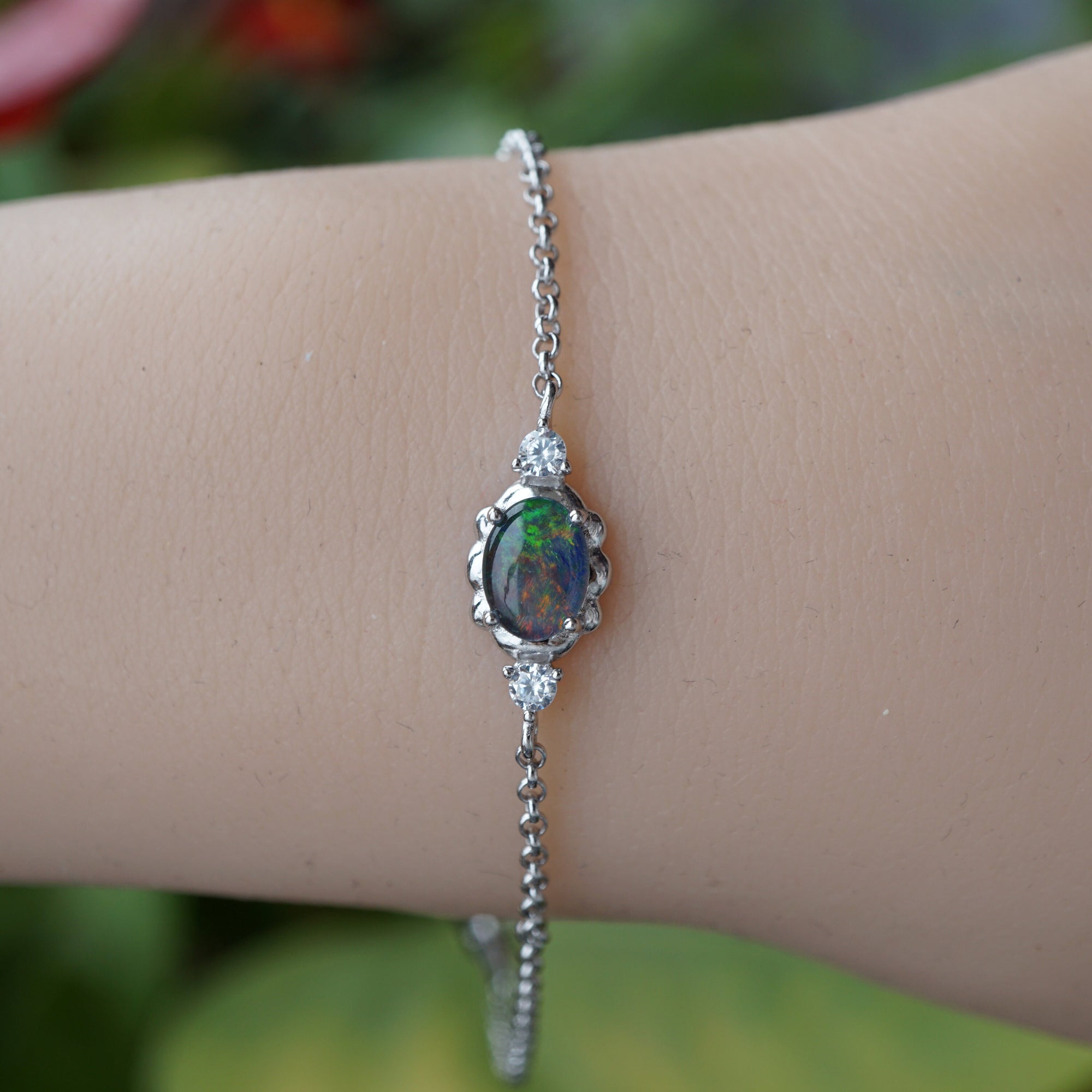 Stunning silver natural australian opal bracelet, 8x6 opal bracelet, rainbown opal bracelet