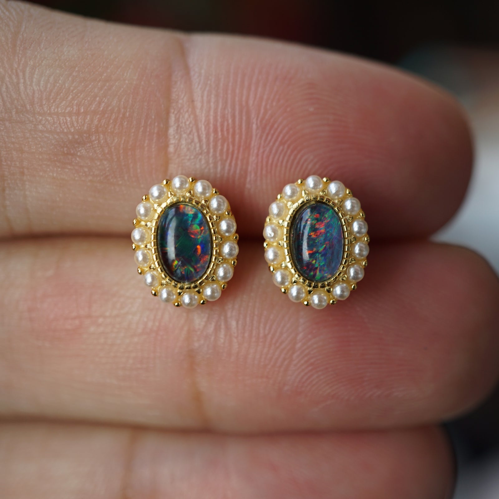 Rainbow Vintage Gold Triplet Opal Stud Earrings - Timeless Elegance