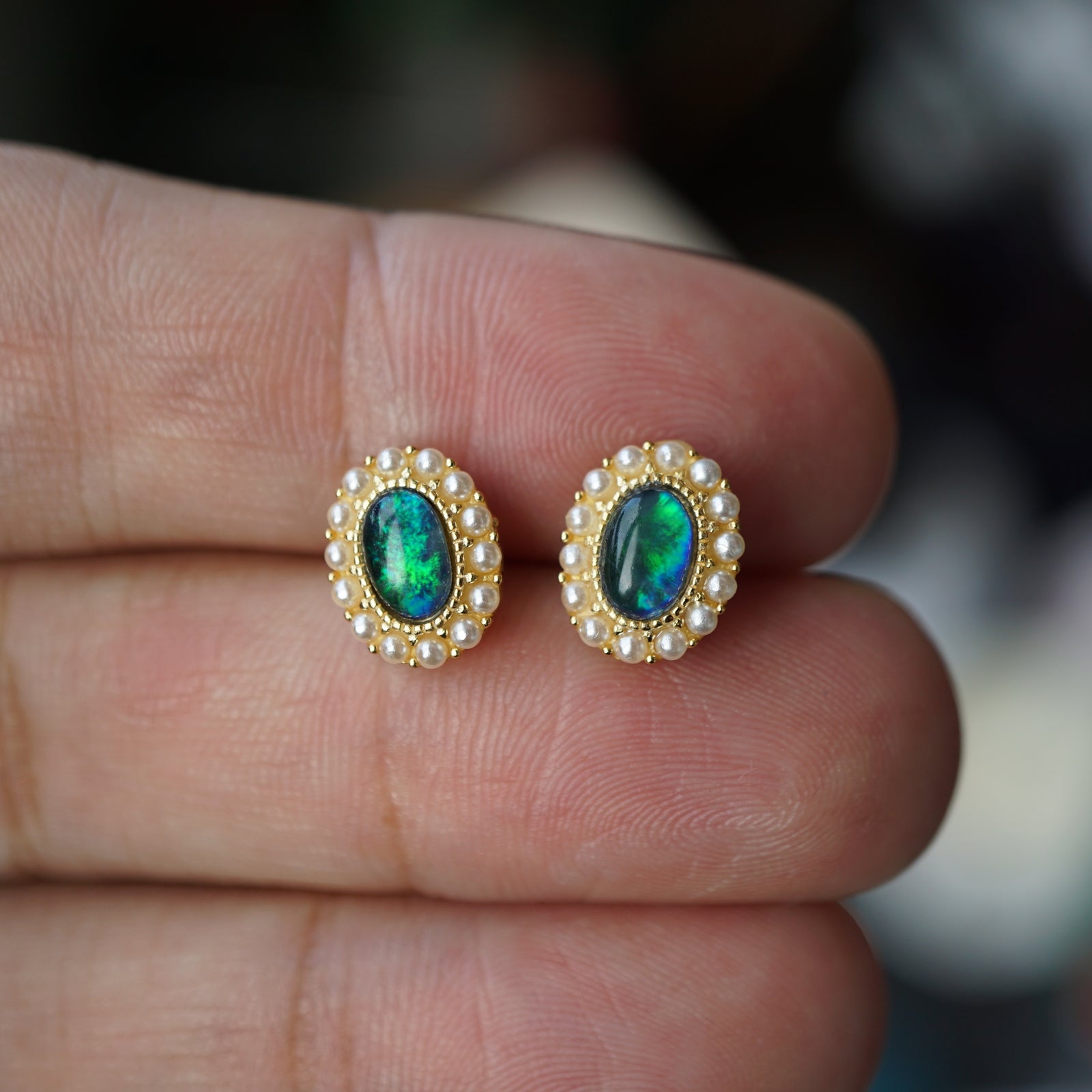 Vintage Gold Triplet Opal Stud Earrings - Timeless Elegance