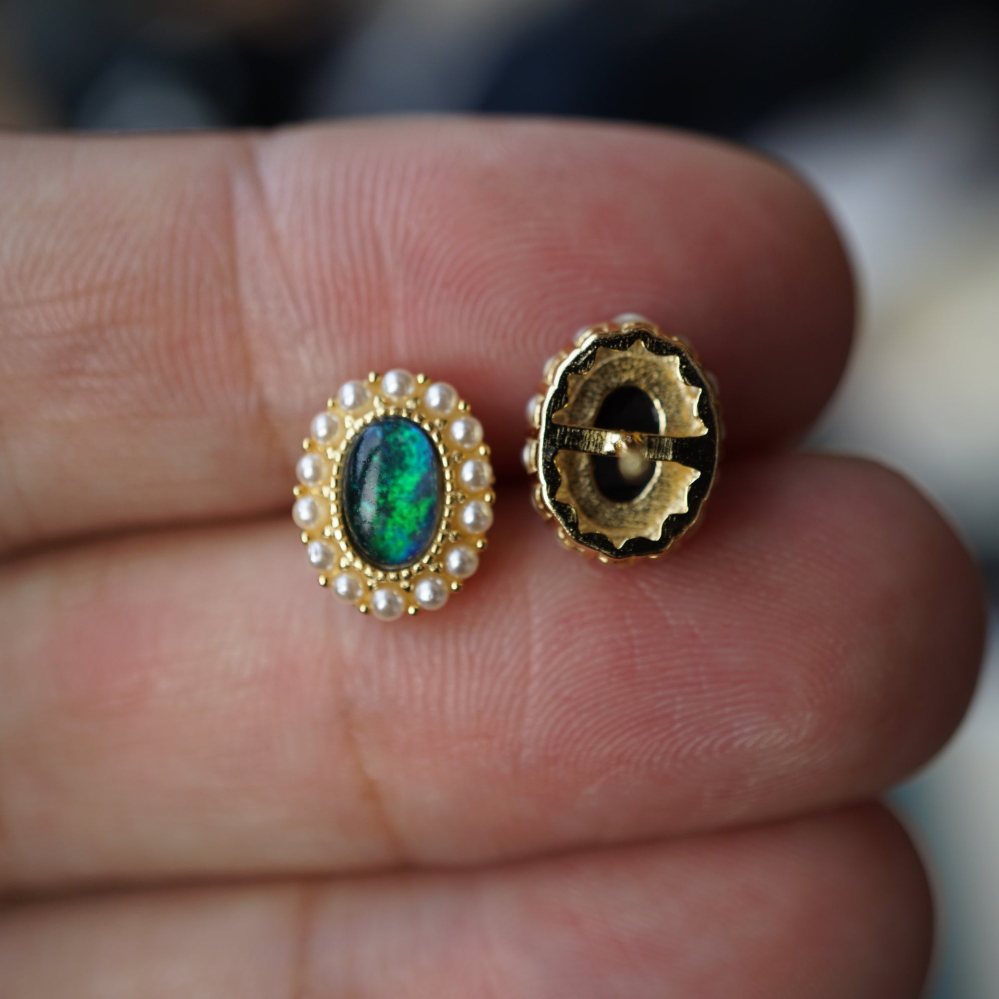 Vintage Gold Triplet Opal Stud Earrings - Timeless Elegance