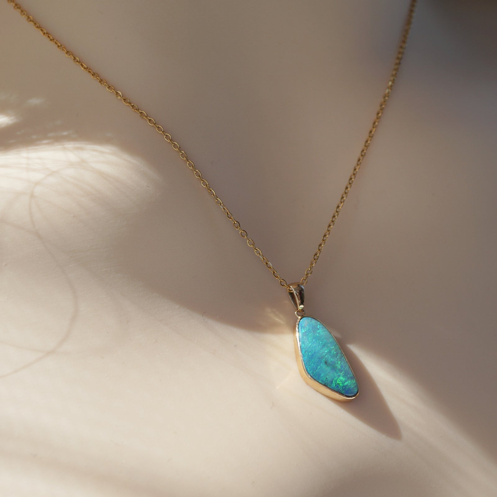 18k Solid Gold Blue River Boulder Opal Pendant Necklace