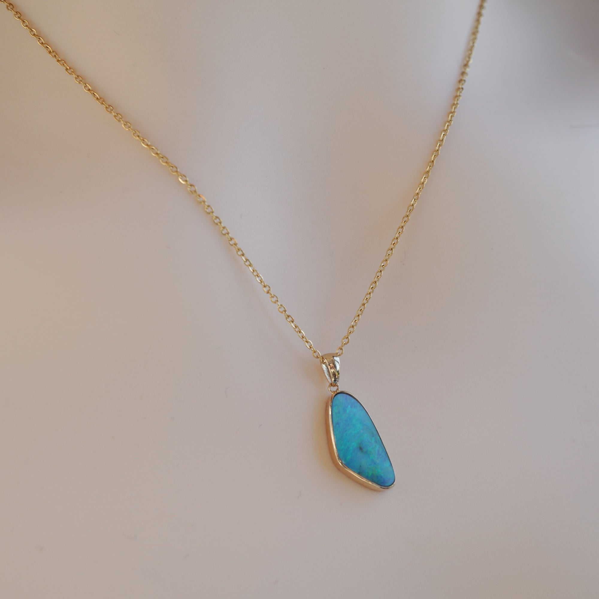 18k Solid Gold Blue River Boulder Opal Pendant Necklace