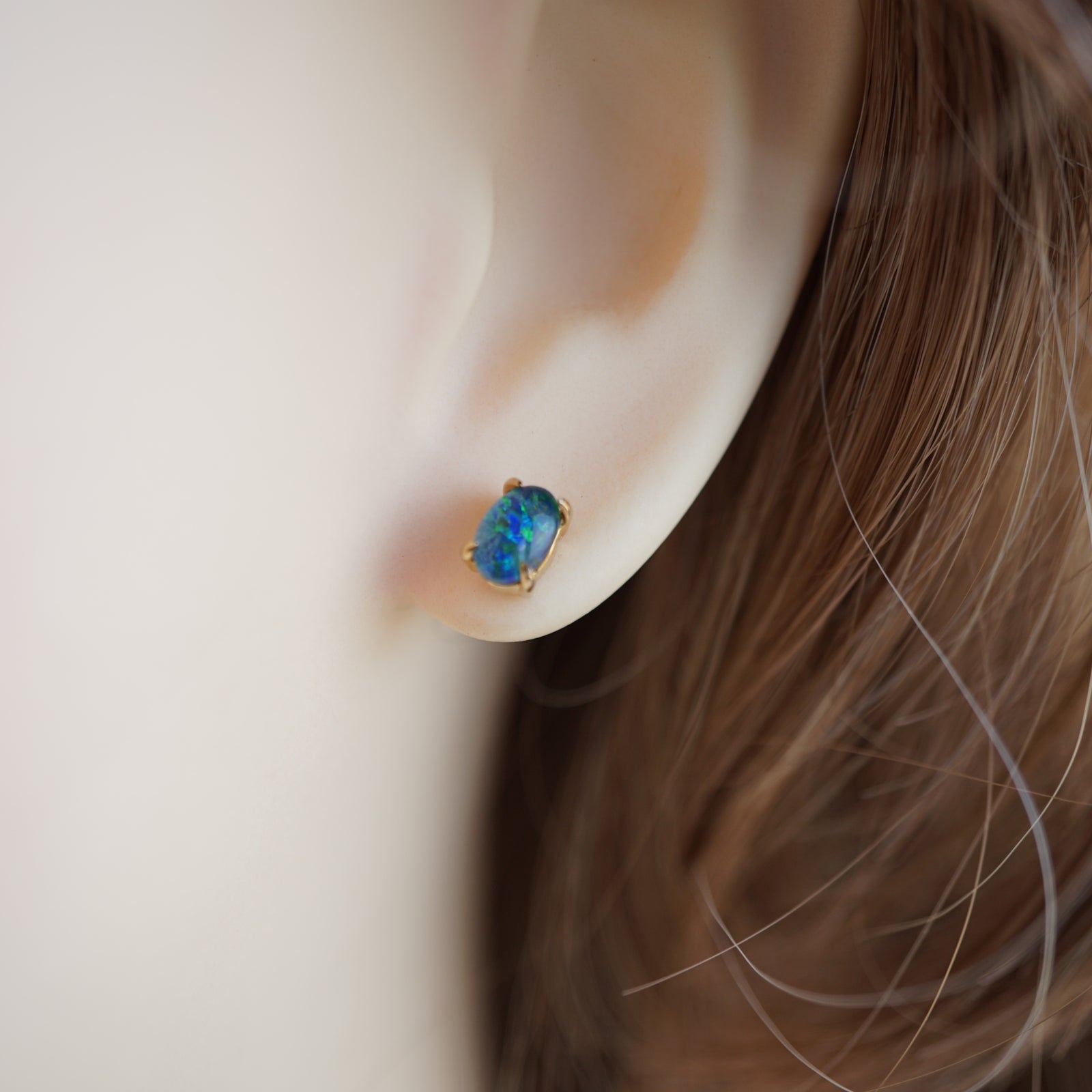 Tiny Oval Opal Earring Studs In 18k Gold Plated 925 Silver