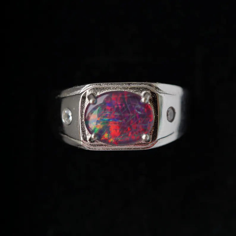 Mens or Womens Australian Triplet opal ring in 925 sterling silver