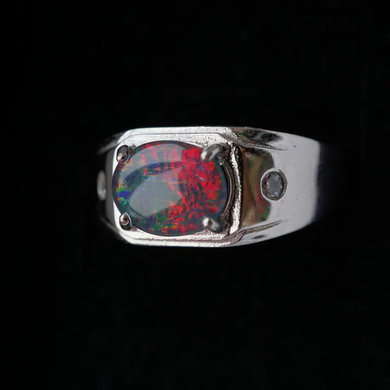 Mens or Womens Australian Triplet opal ring in 925 sterling silver