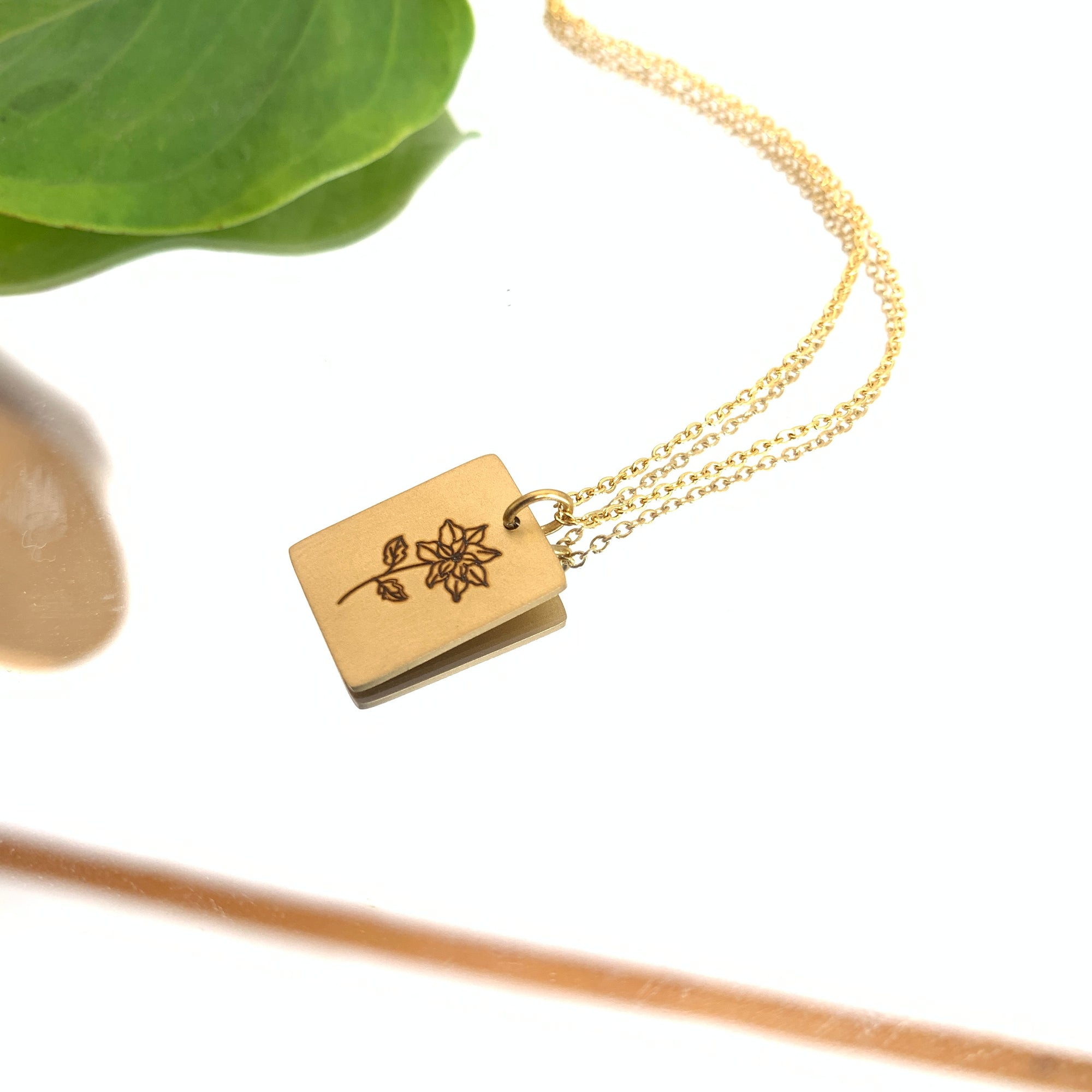 Customized oval tag necklace, engraved birth flower necklace
